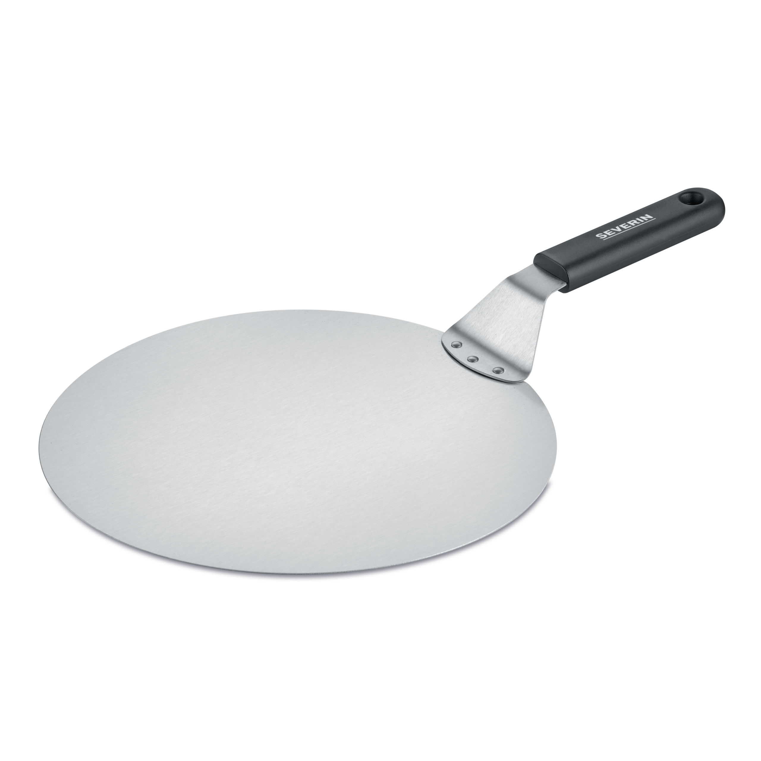 Ein runder Pizzaschieber aus Metall mit schwarzem Griff.