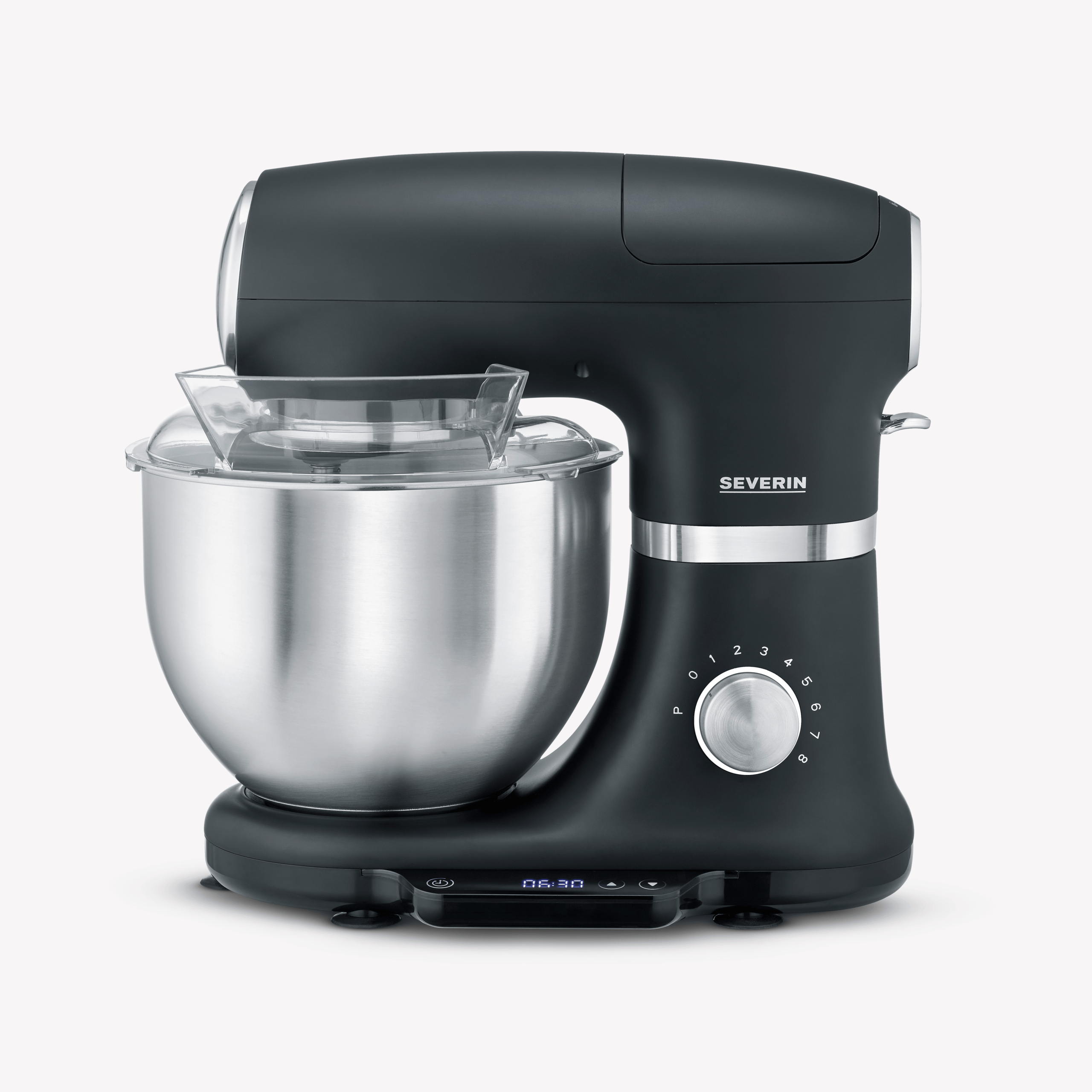 Schwarzer Küchenmixer mit Edelstahlschüssel und transparentem Spritzschutz.