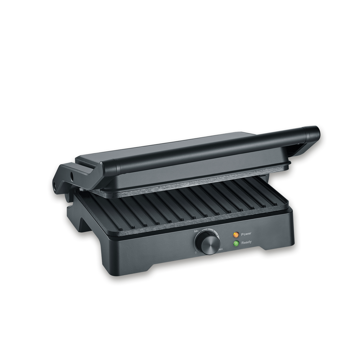 Ein offener schwarzer Kontaktgrill mit gerippten Platten und Bedienelementen.
