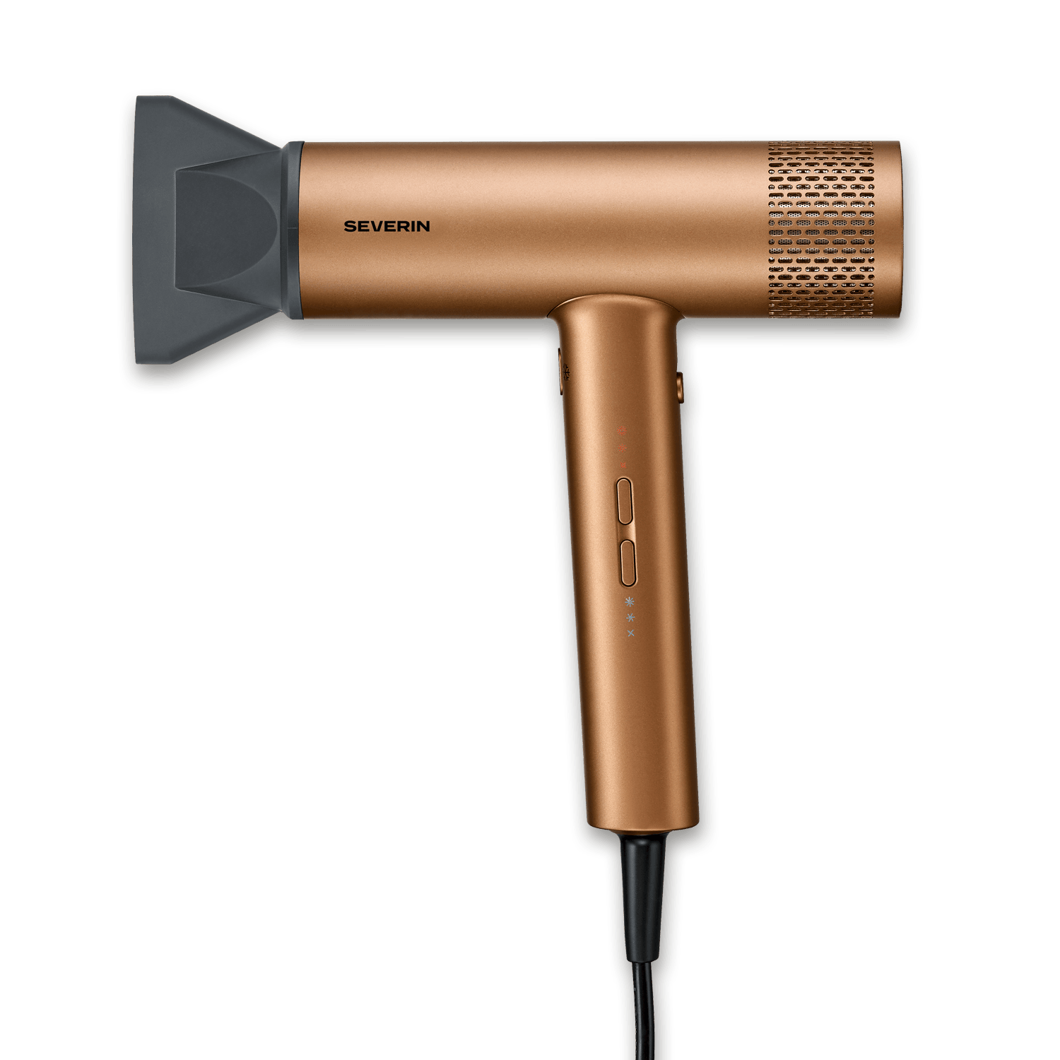 Ein bronzefarbener Haartrockner mit schwarzer Düse und einem Kabel.