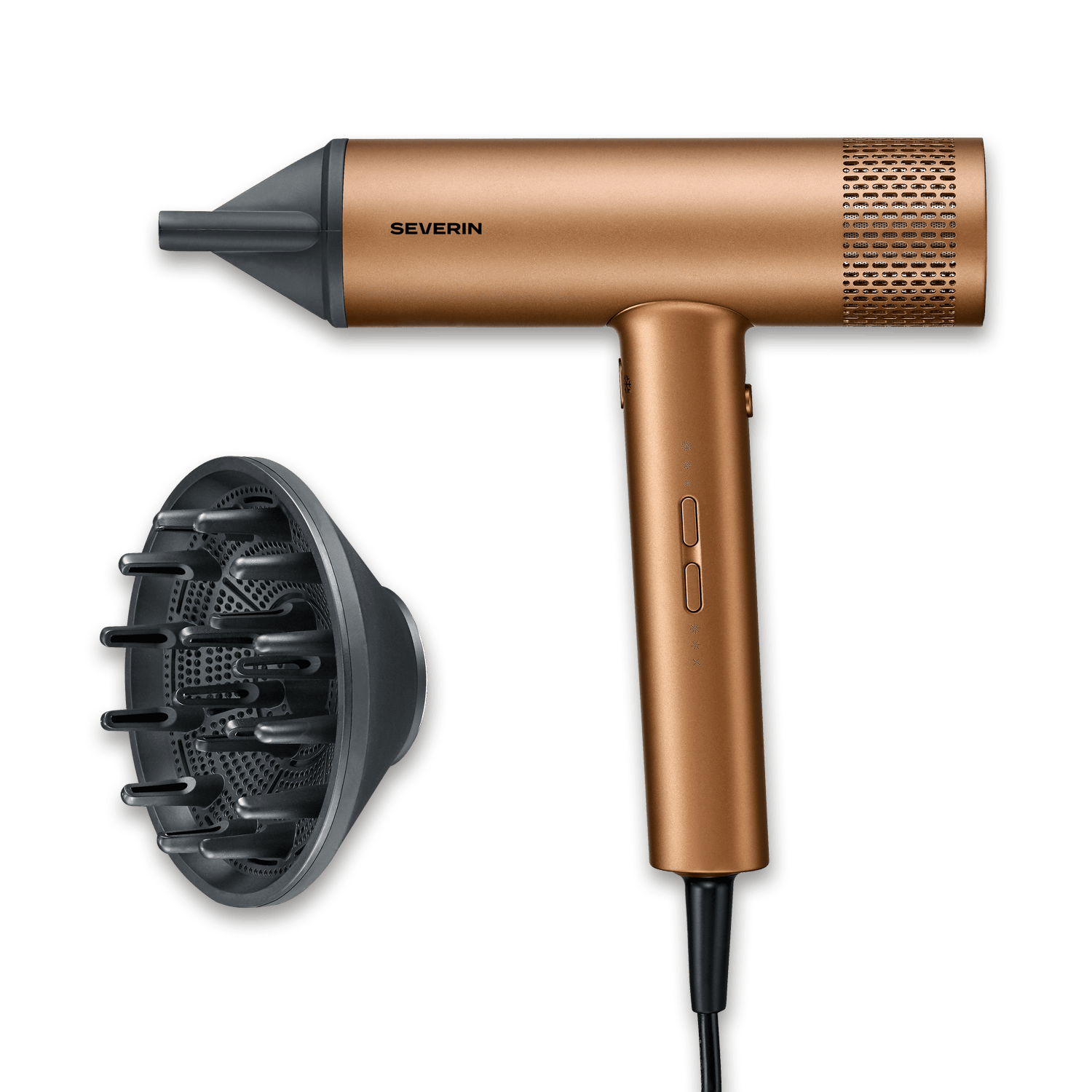 Ein bronzefarbener Haartrockner mit Diffusoraufsatz auf grünem Hintergrund.