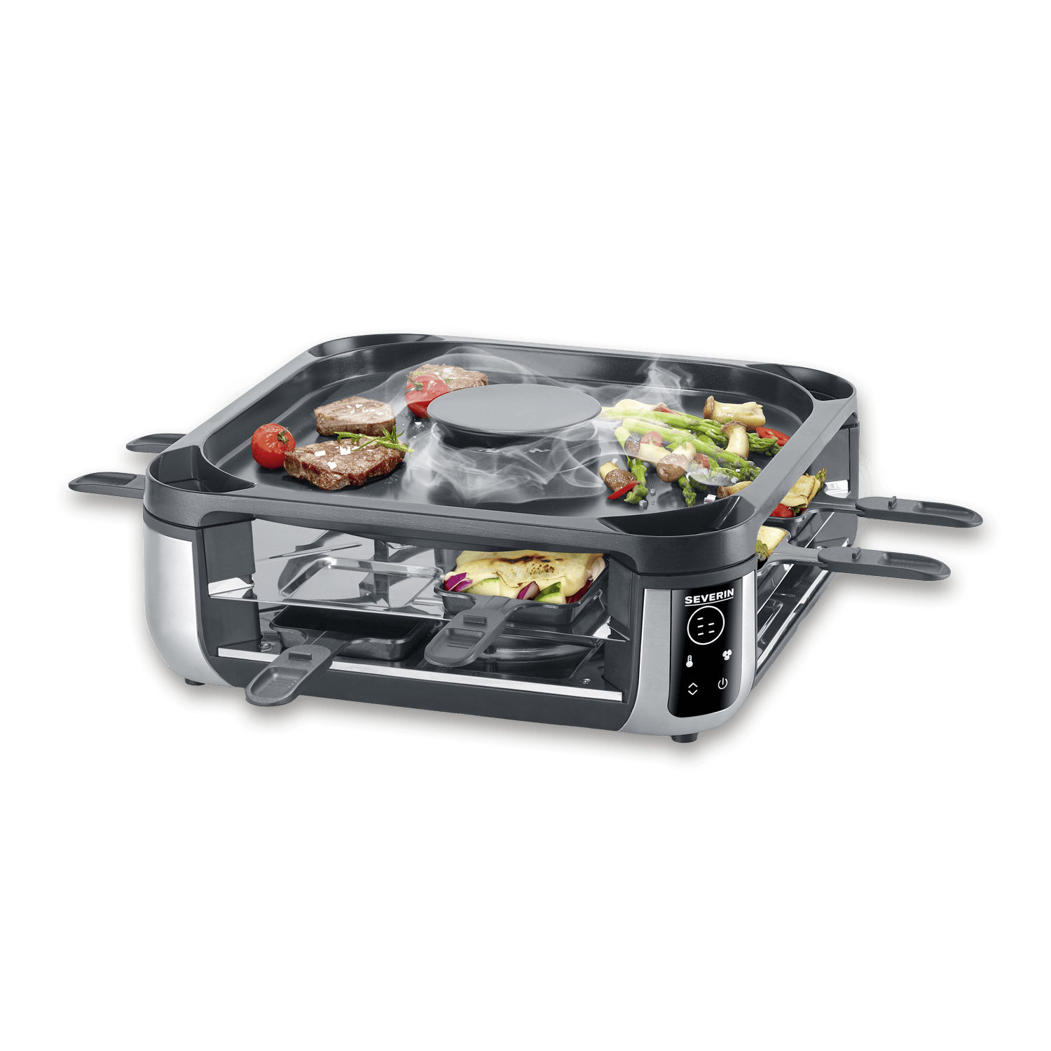 Raclette grill met steaks, groenten en kaasbakjes.