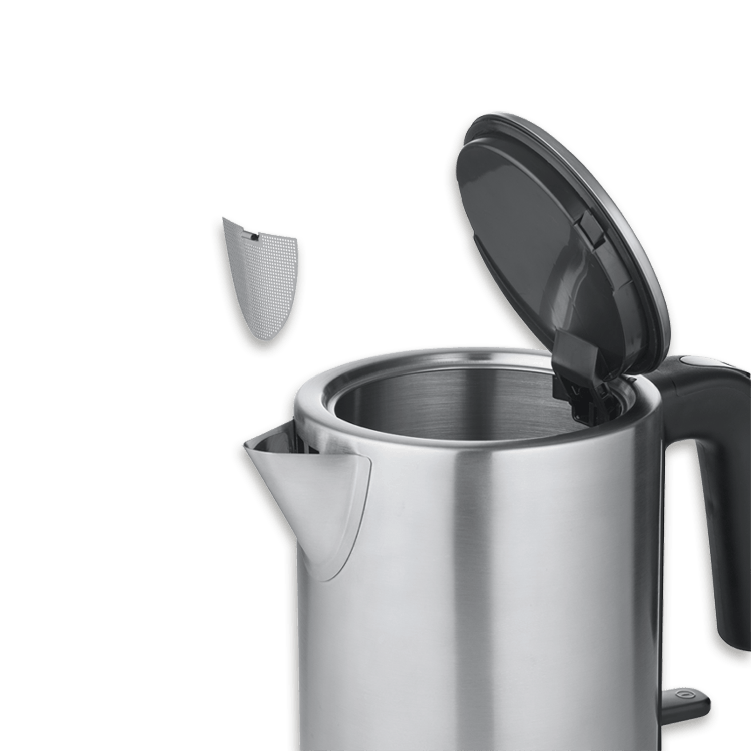 Silver kettle with open lid and removed filter on a green background.