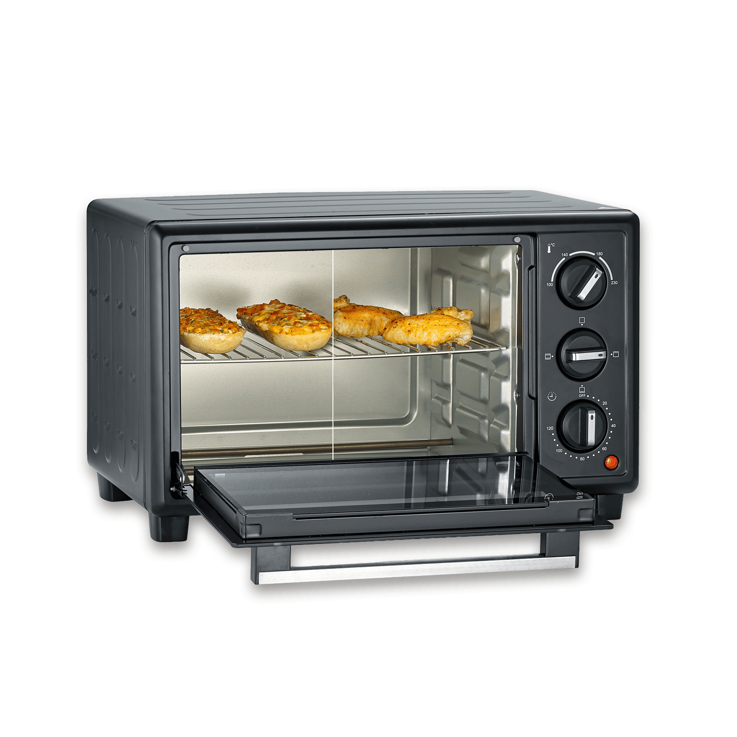 Schwarzer Tischbackofen mit geöffneter Tür und Gebäck auf dem Rost.