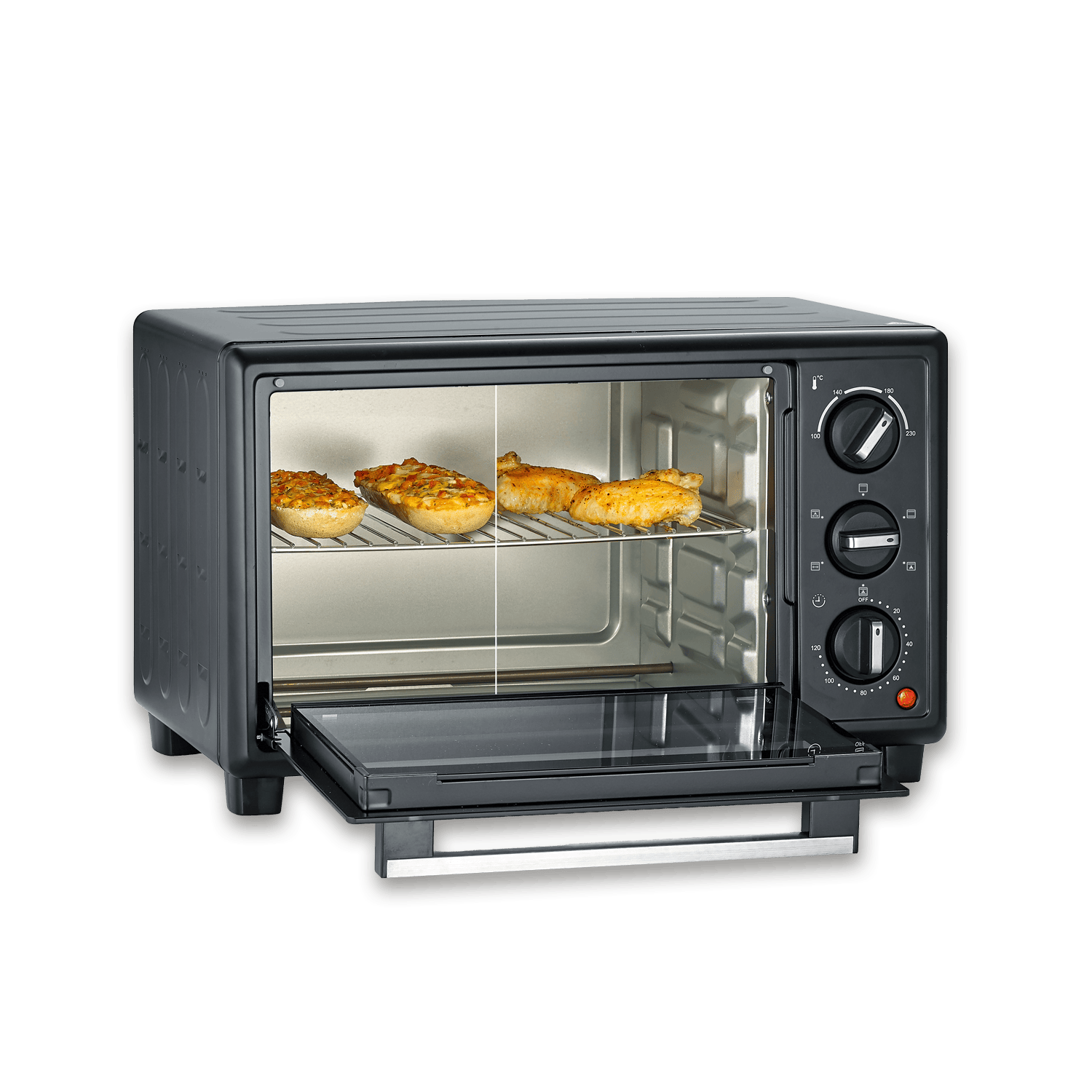 Un mini forno nero con la porta aperta, che cuoce pane e pollo.