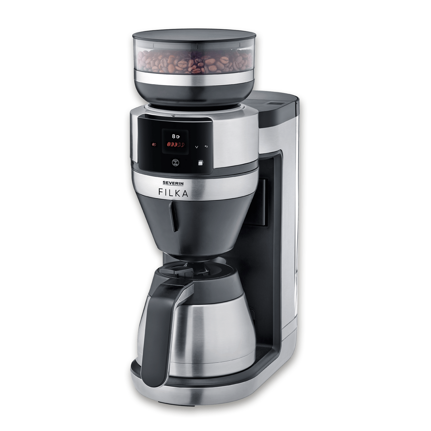 Macchina da caffè argento con macinacaffè nero e caraffa.