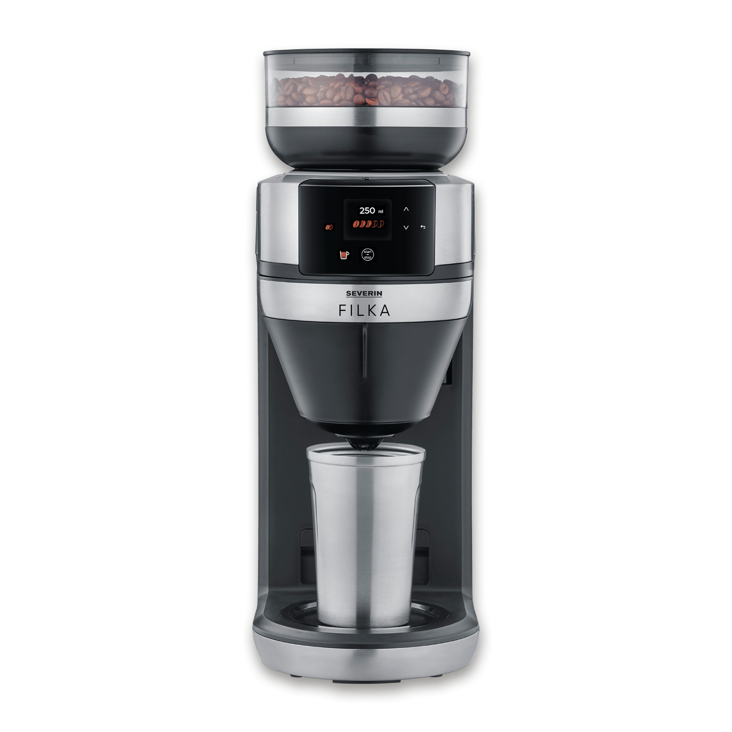 Macchina da caffè con caraffa in vetro, contenitore chicchi e display digitale.