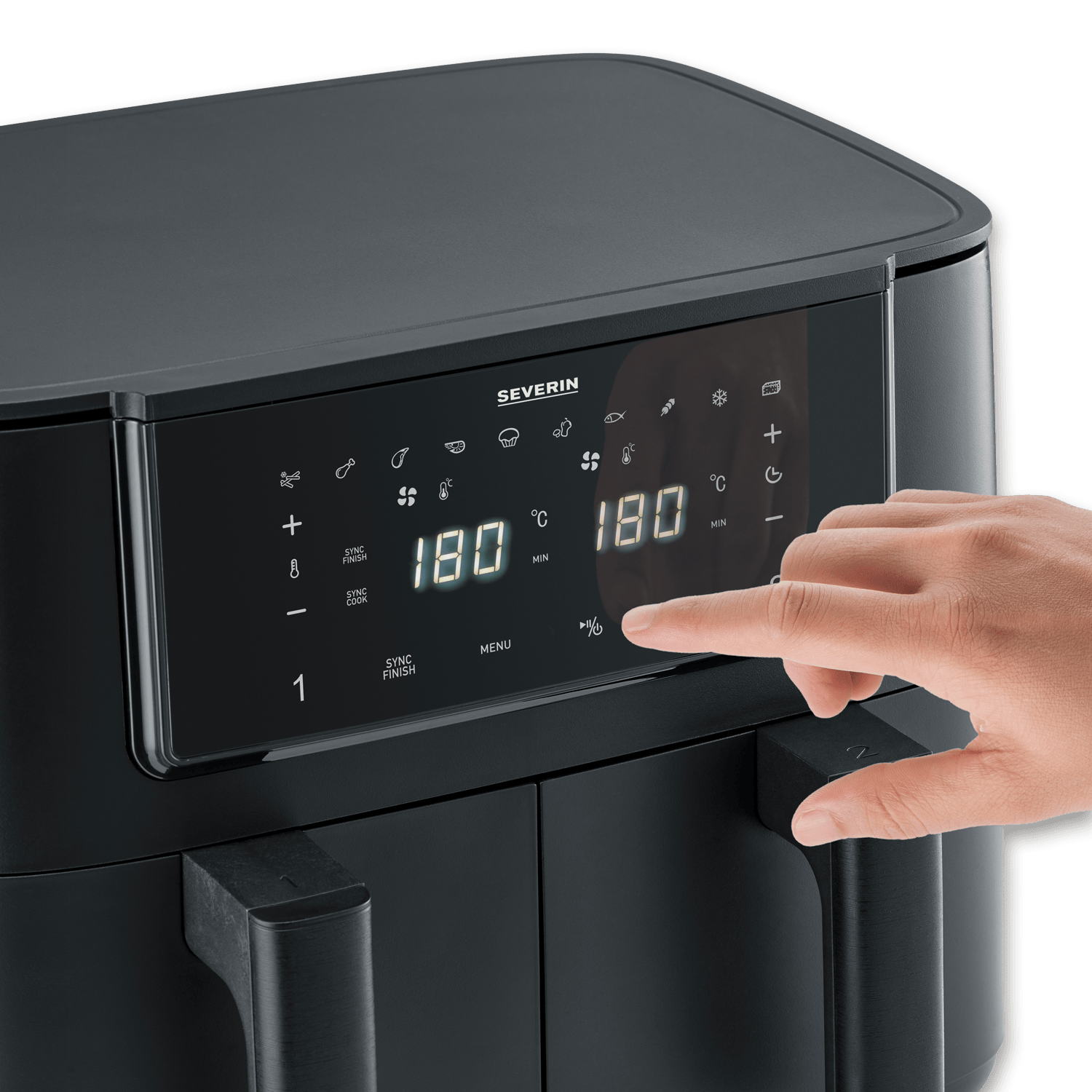Een hand raakt het bedieningspaneel van een zwarte airfryer met digitale displays aan.