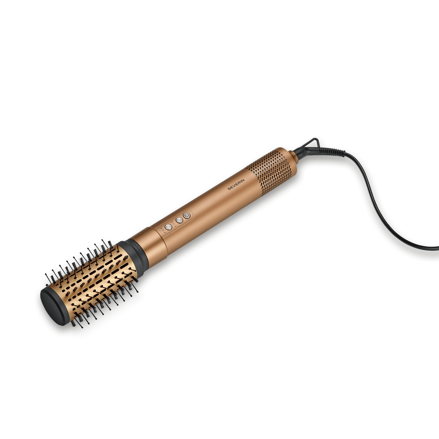 Ein goldener rotierender Lockenstab mit Bürstenaufsatz auf grünem Hintergrund.