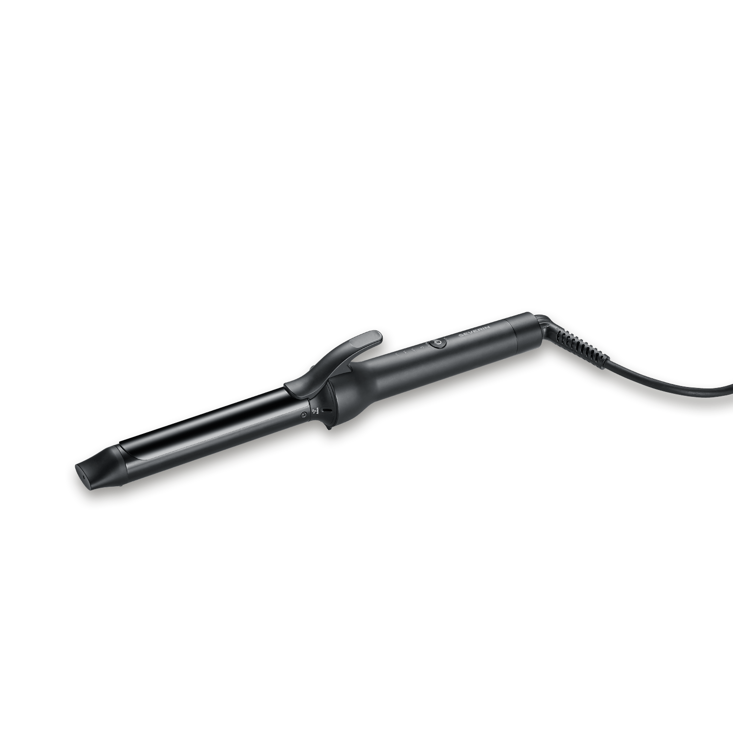 Ein schwarzer Lockenstab mit Kabel auf grünem Hintergrund.