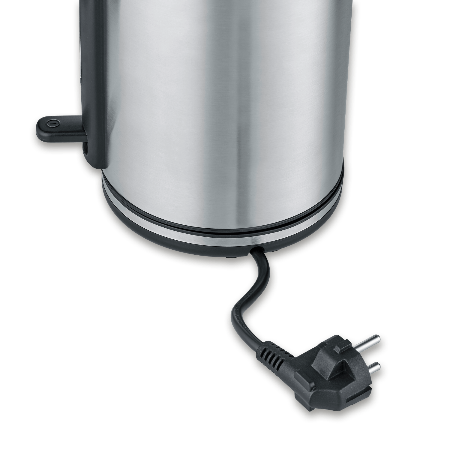Bollitore in acciaio inox con cavo e spina neri.