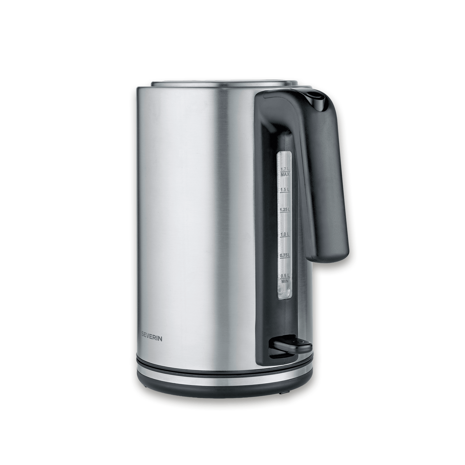 Bollitore in acciaio inox con manico nero e indicatore livello acqua.