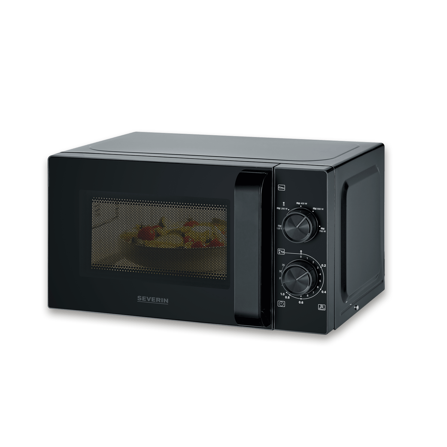 Forno a microonde Severin nero con piatto girevole e manopole.