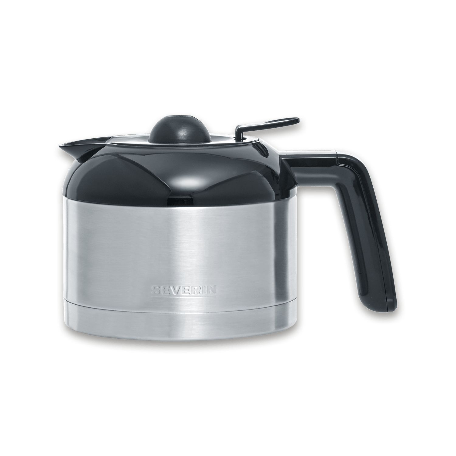 Carafe isotherme argentée et noire avec poignée et couvercle.