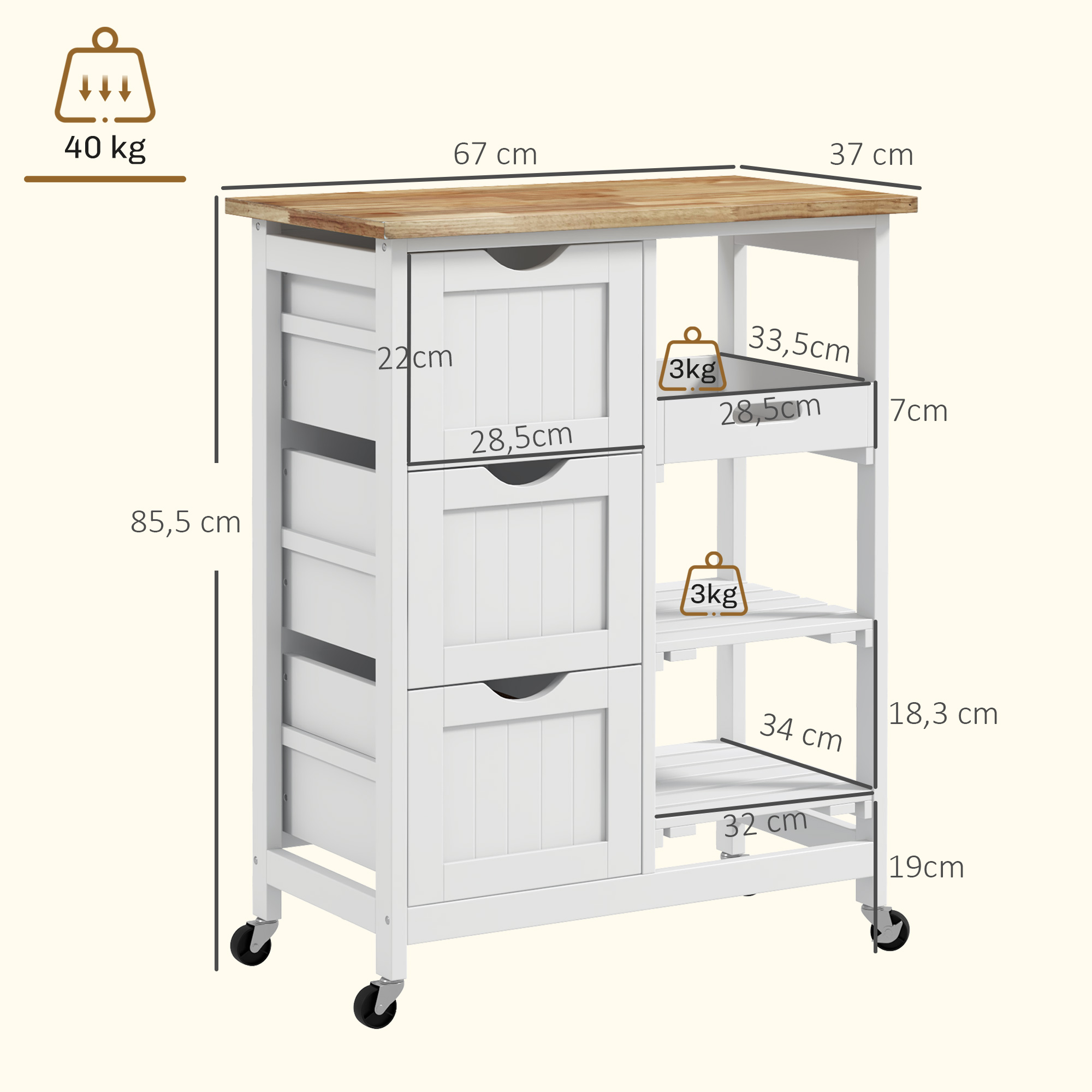 Isla de cocina blanca con tapa de madera, cajones y estantes, con dimensiones.