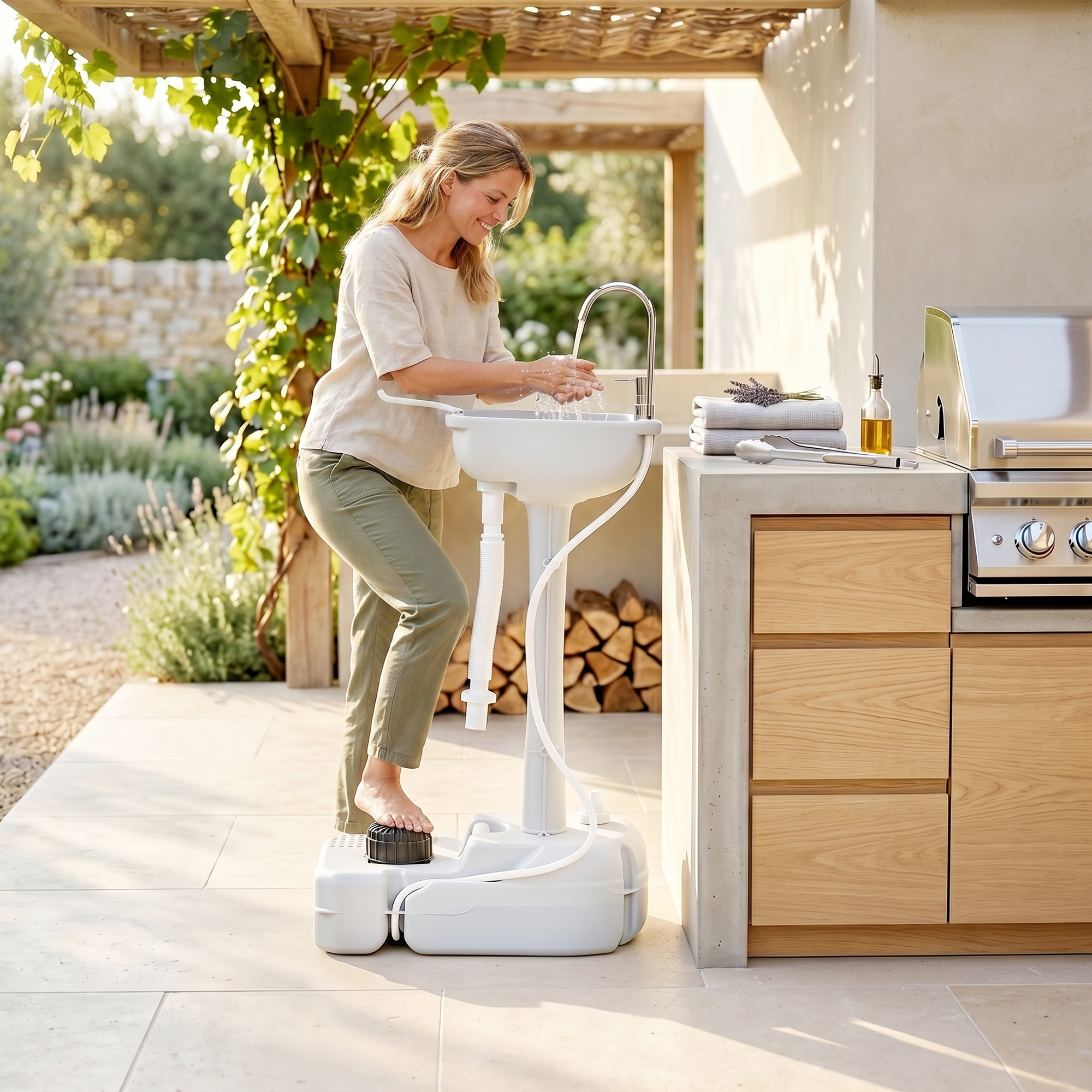 Mujer lavándose las manos en un lavabo exterior junto a una parrilla. La luz del sol atraviesa una pérgola.