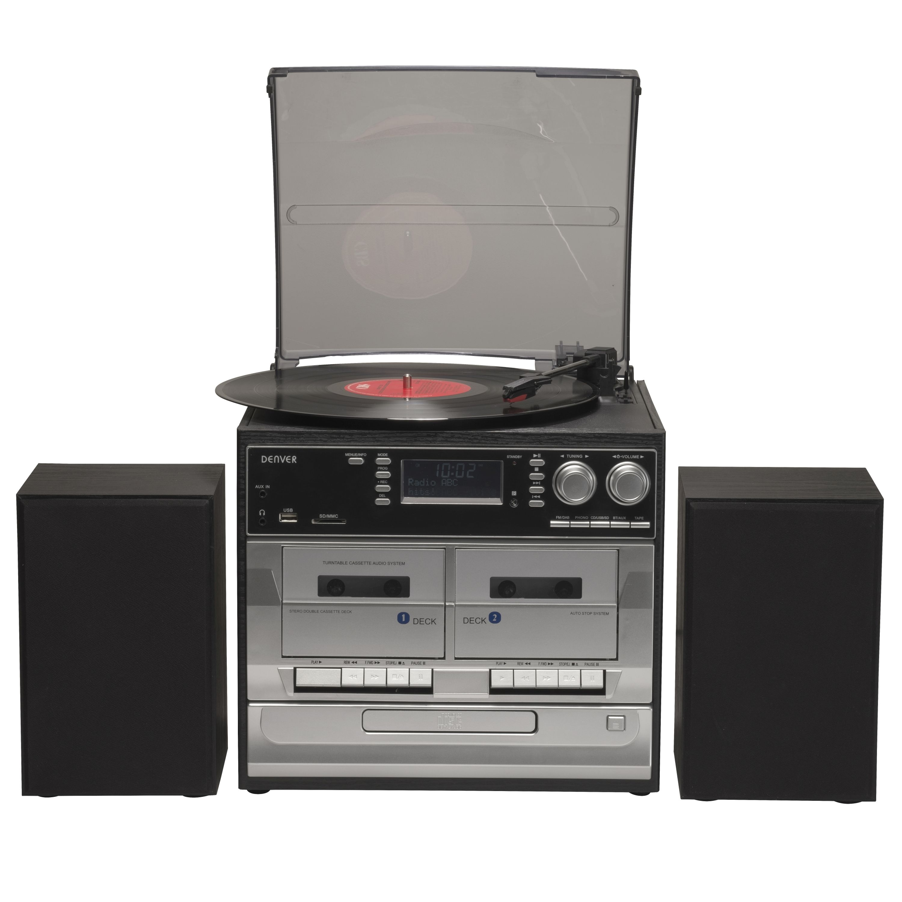Een Denver platenspeler, CD- en cassettesysteem met twee luidsprekers.
