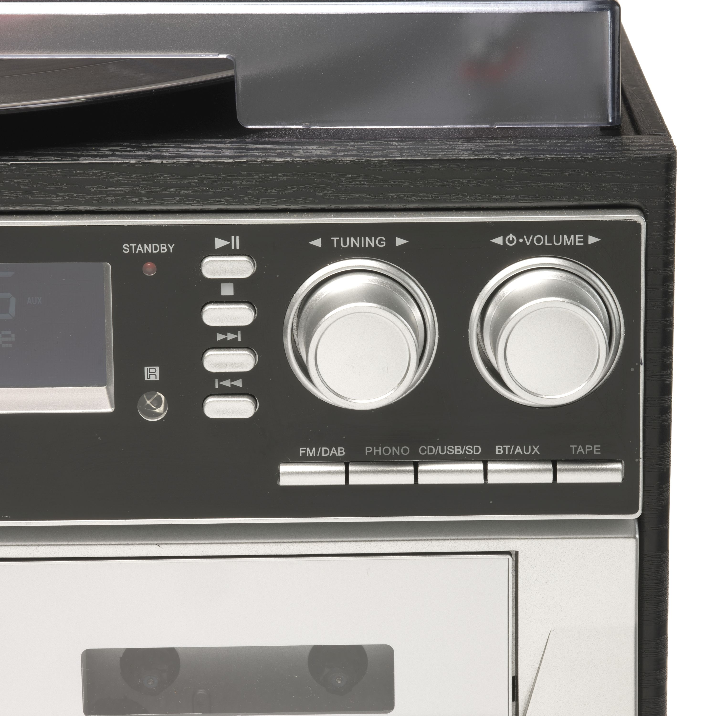 Close-up van een stereo-installatie met draaitafel, cassettedeck en knoppen.