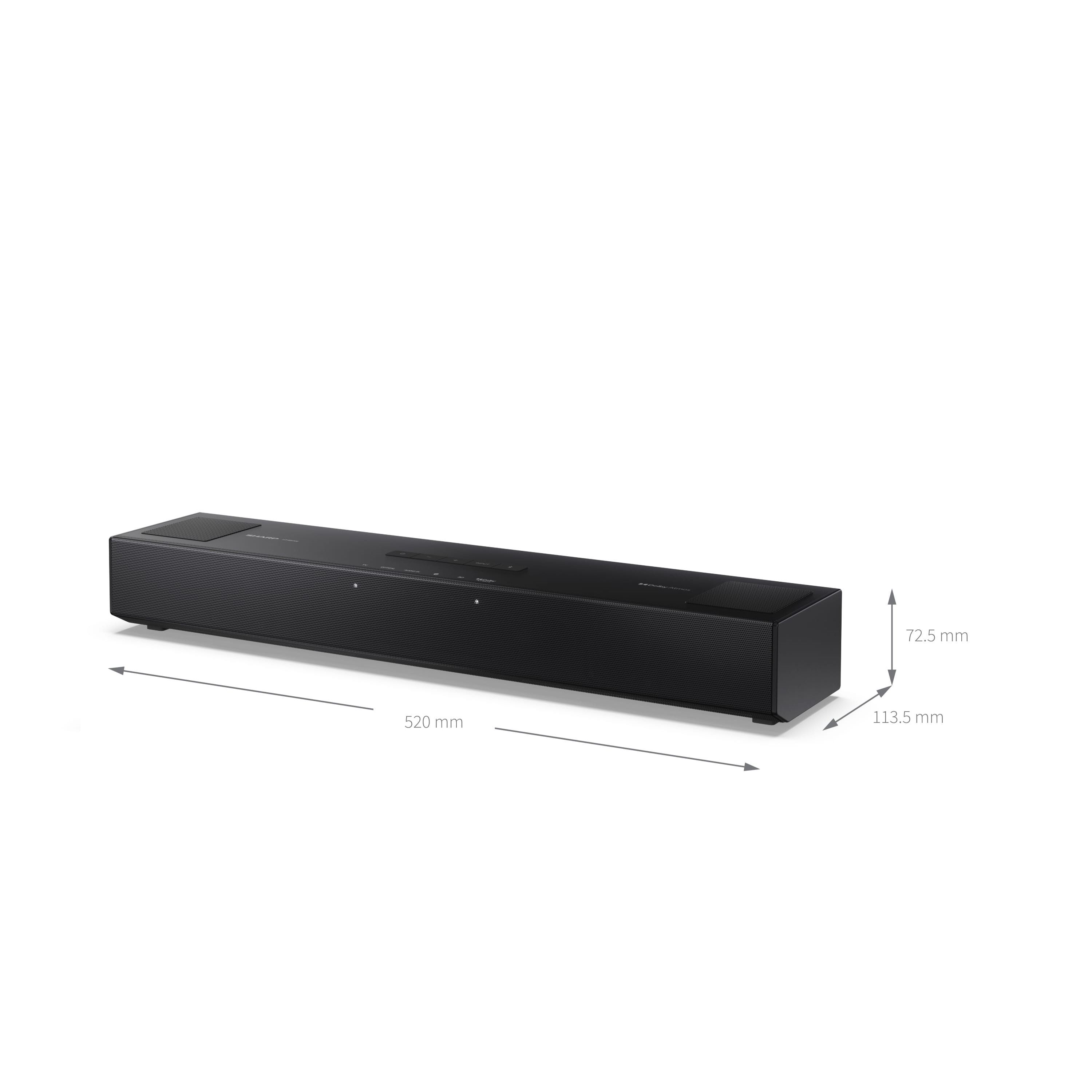 Barre de son noire et fine, dimensions : 520 mm L, 72,5 mm H, 113,5 mm P.