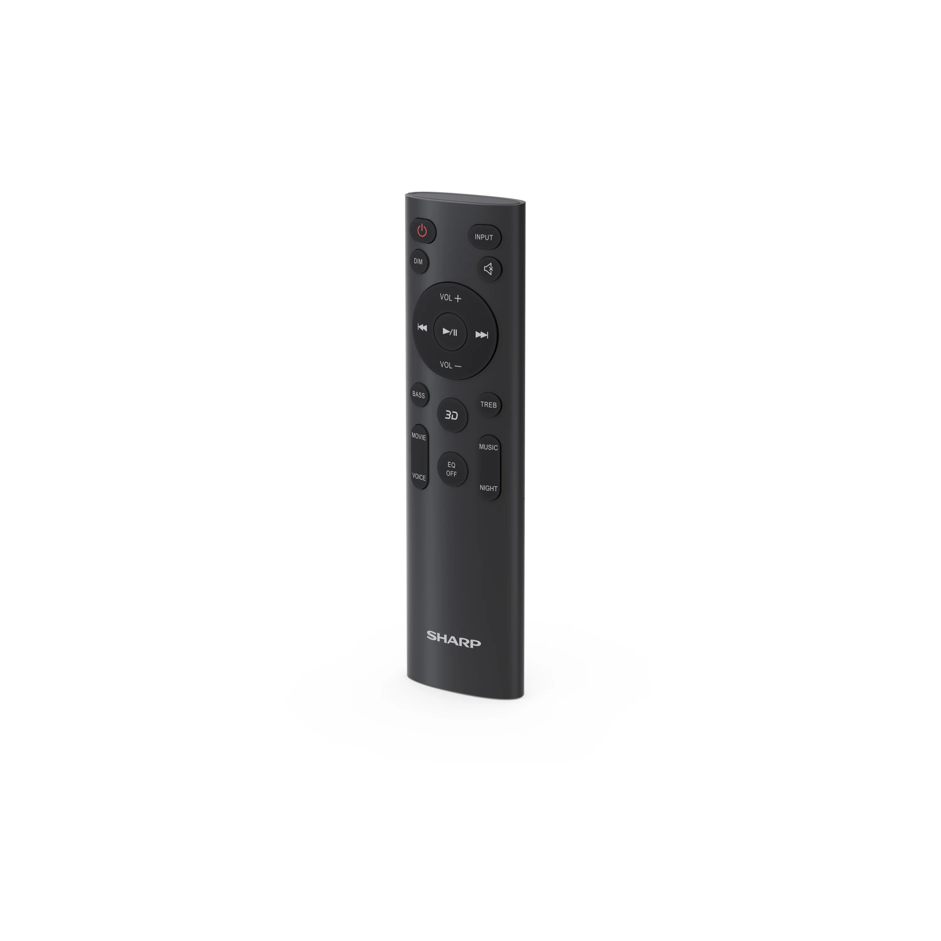 Télécommande Sharp noire avec boutons pour volume, basses, 3D et plus.