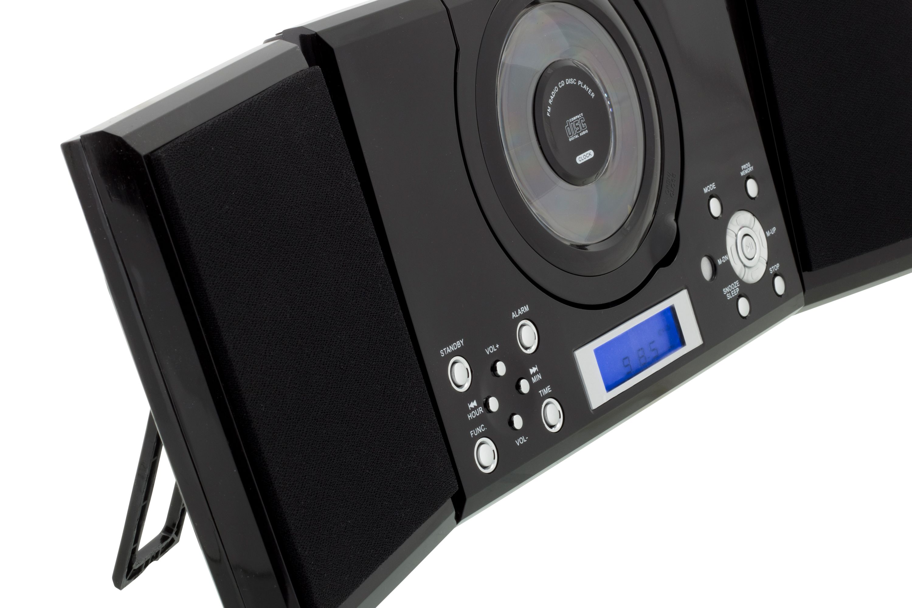 Schwarzer CD-Player mit Radio, Lautsprechern und digitaler Anzeige.