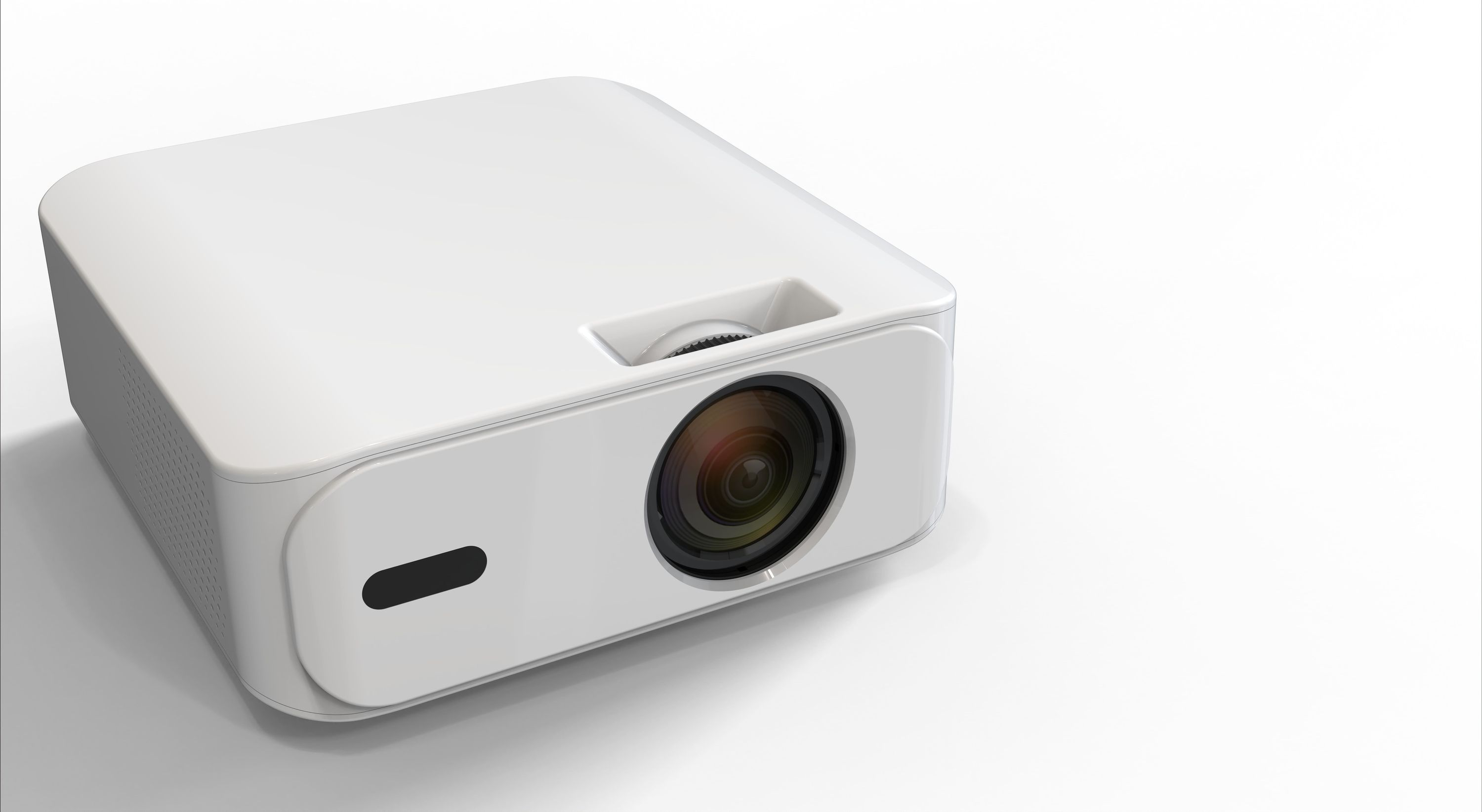 Un petit projecteur blanc avec objectif et évents sur fond blanc.