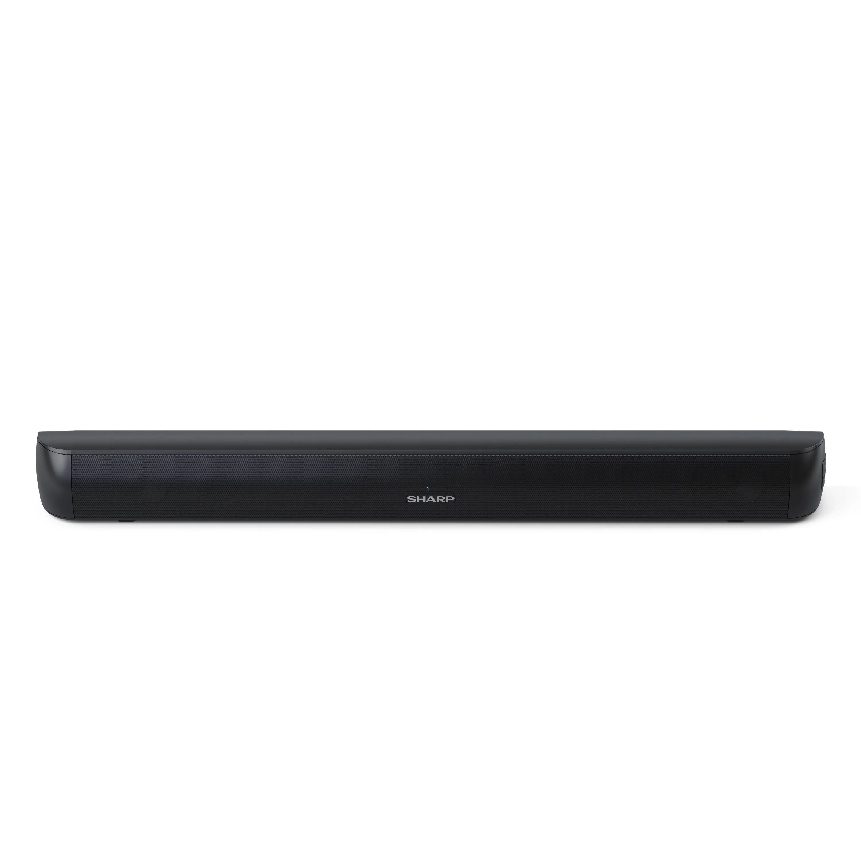 Schwarzer Sharp Soundbar mit Lautsprechergitter und Logo.