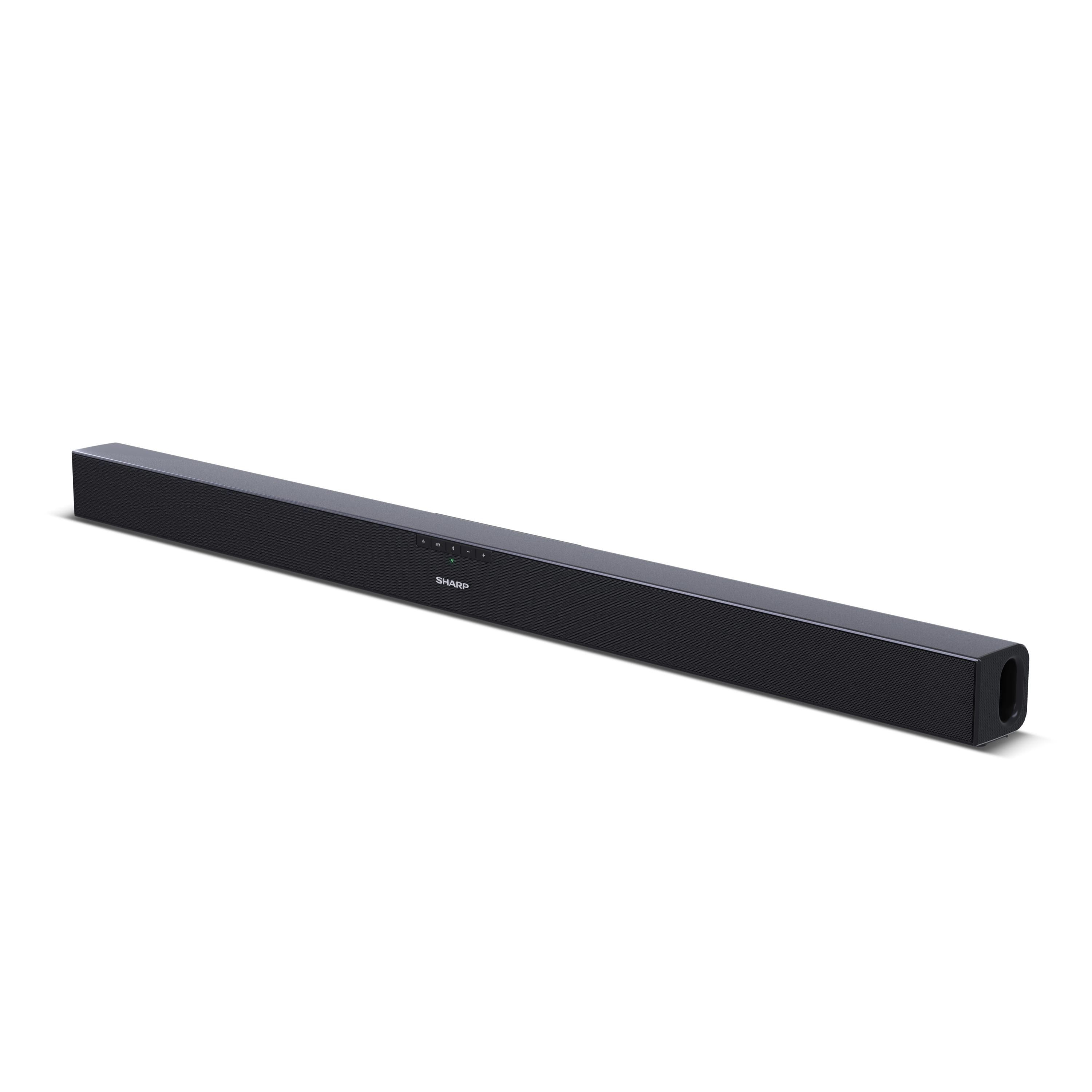 Barra de sonido SHARP negra sobre fondo blanco con botones y rejilla.