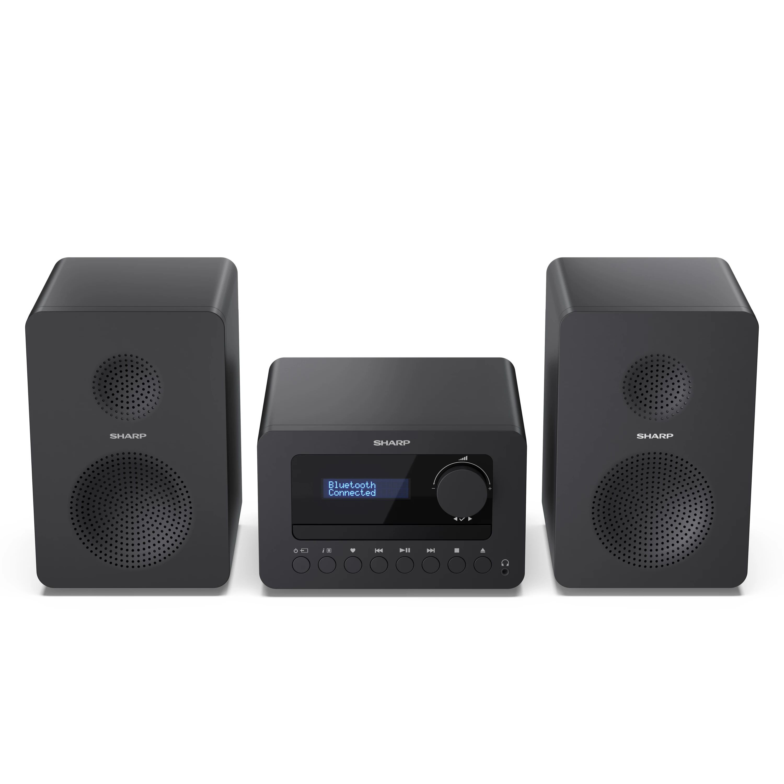 Schwarzes Sharp Stereo-System mit zwei Lautsprechern und einer zentralen Einheit.