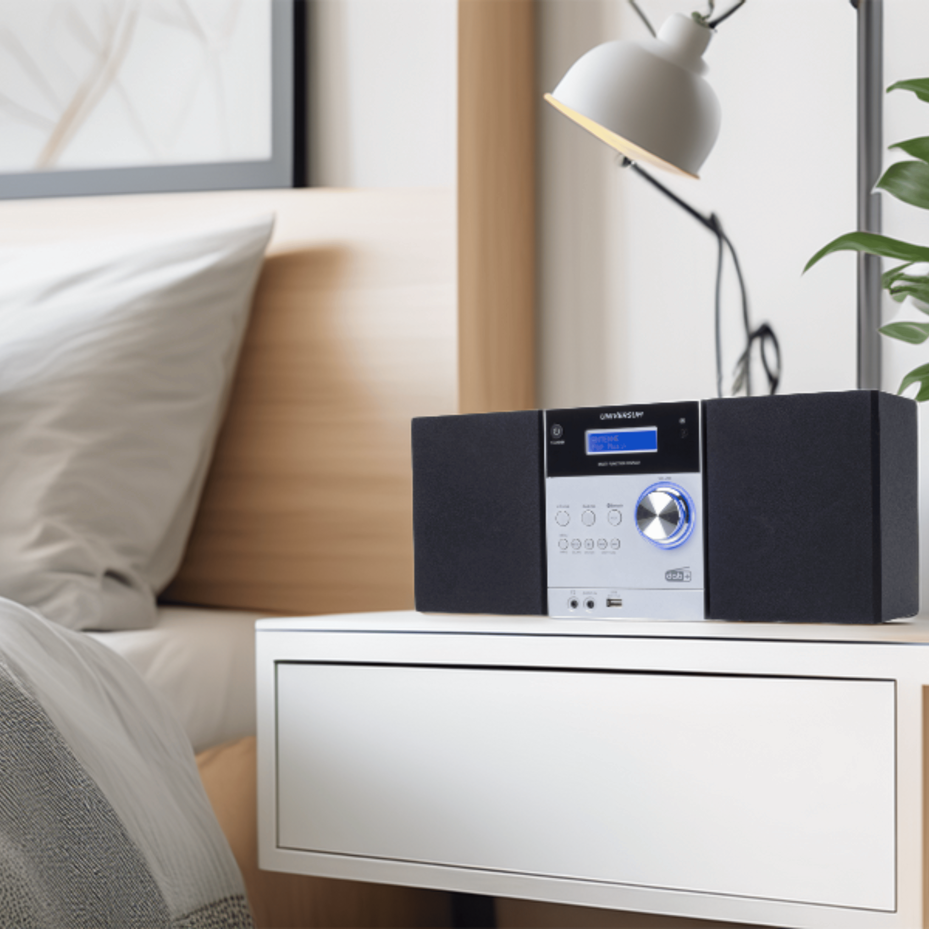 Ein kompaktes Stereo-Audiosystem mit silberner Front und schwarzen Lautsprechern steht auf einem Nachttisch.