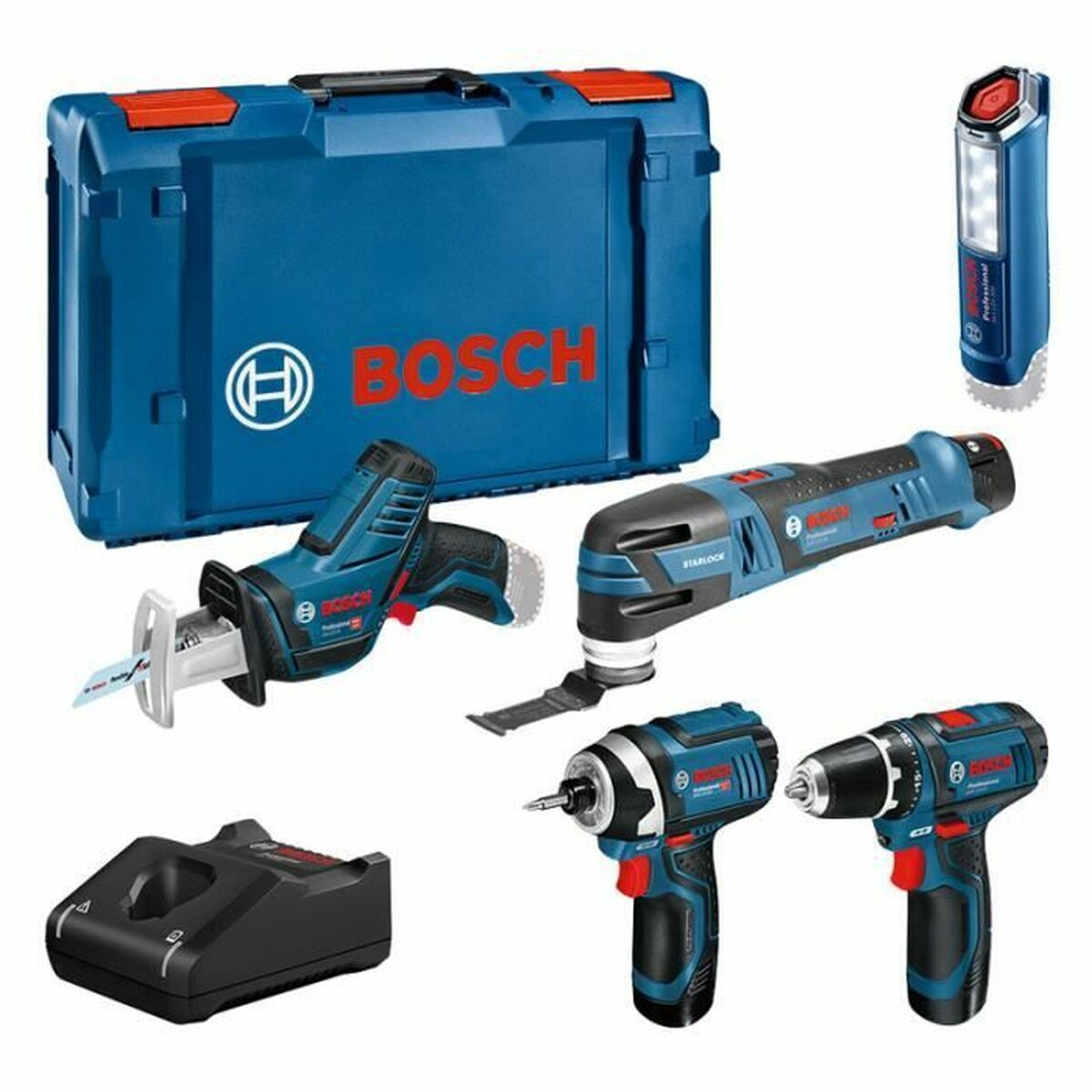 Valigetta Bosch con seghetto, multitool, torcia, caricabatterie e due trapani.