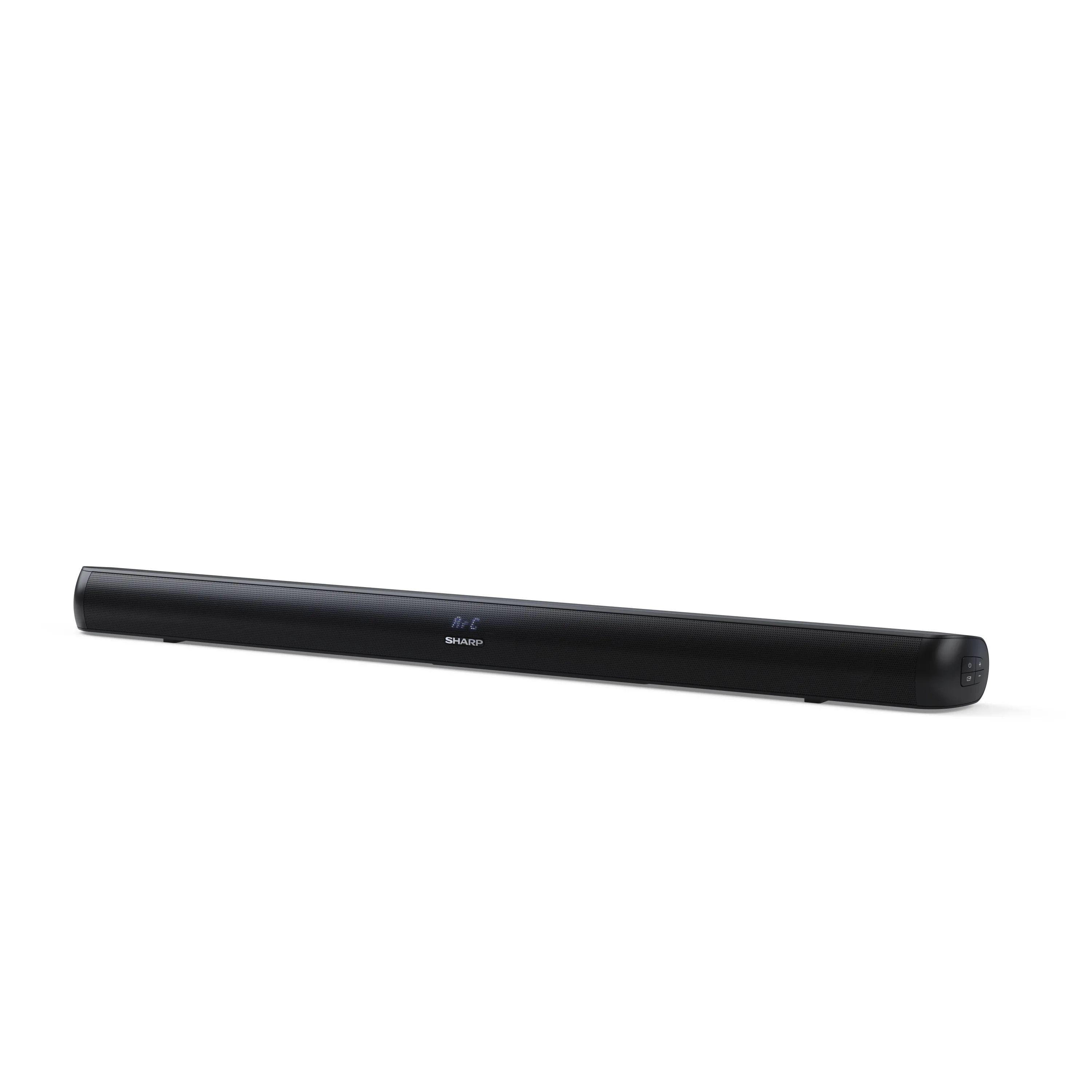 Czarny soundbar Sharp z cyfrowym wyświetlaczem i bocznymi przyciskami sterującymi.