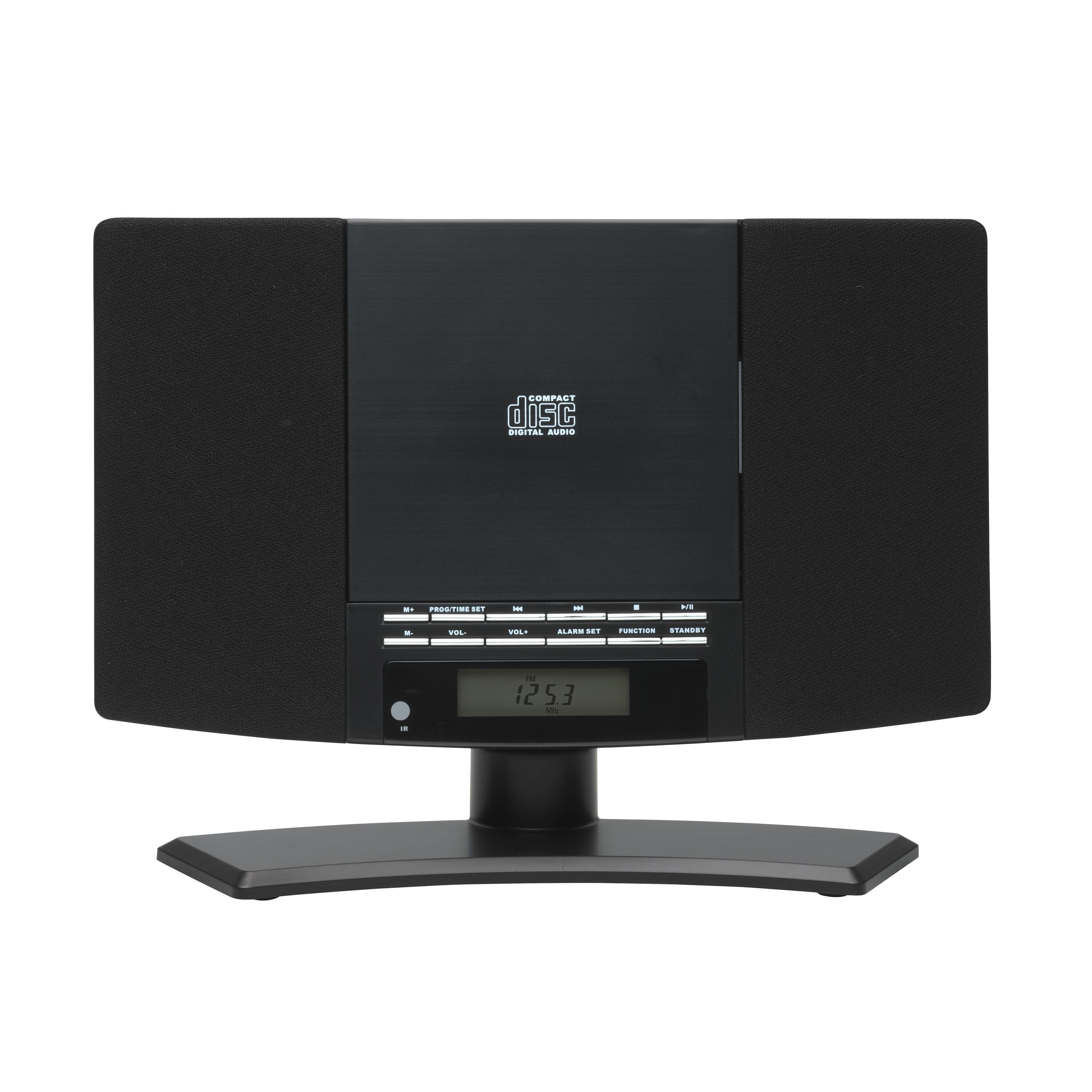Ein schwarzer CD-Radio-Wecker mit Lautsprechern und digitalem Display.
