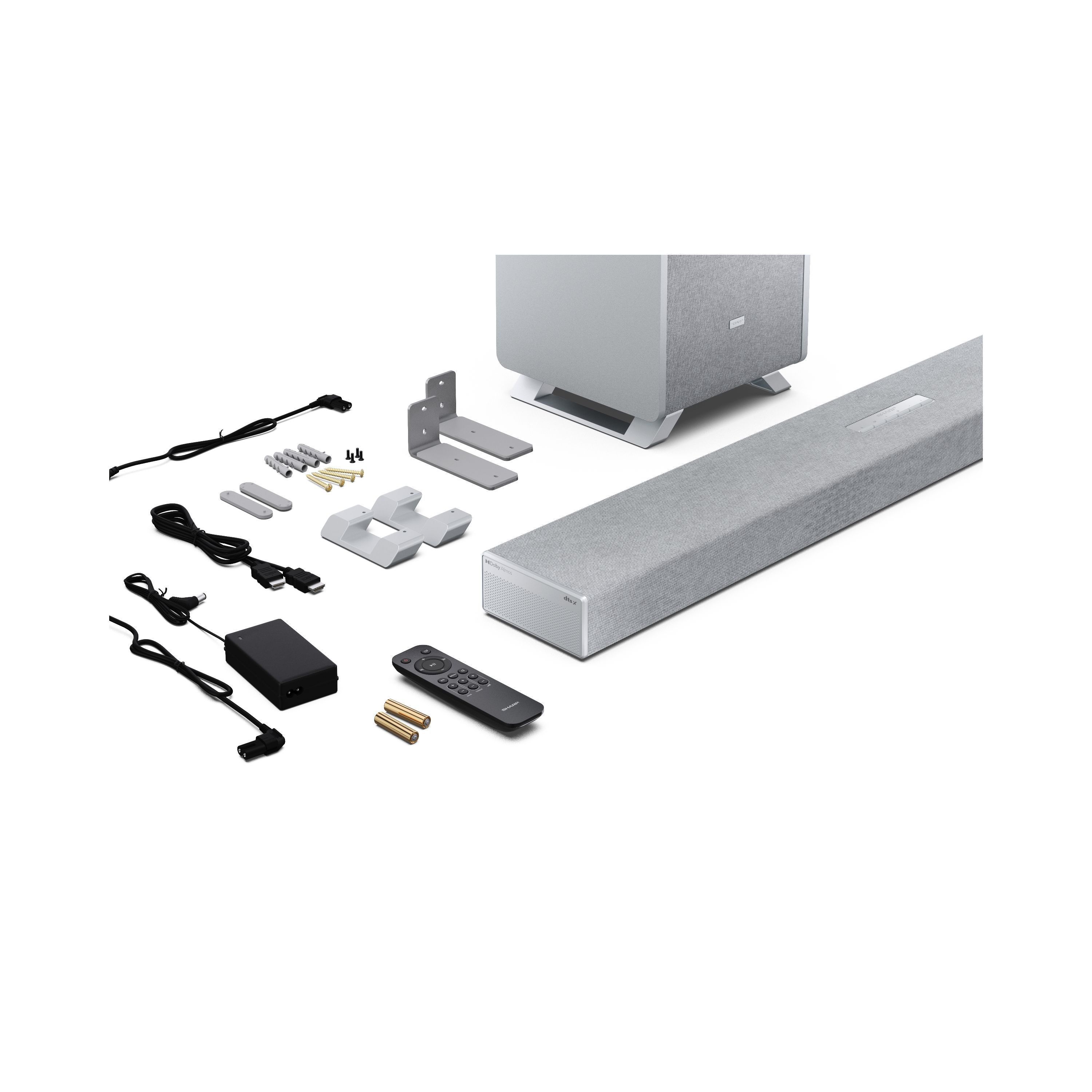Ein Soundsystem mit Subwoofer, Fernbedienung, Netzteilen und Halterungen.