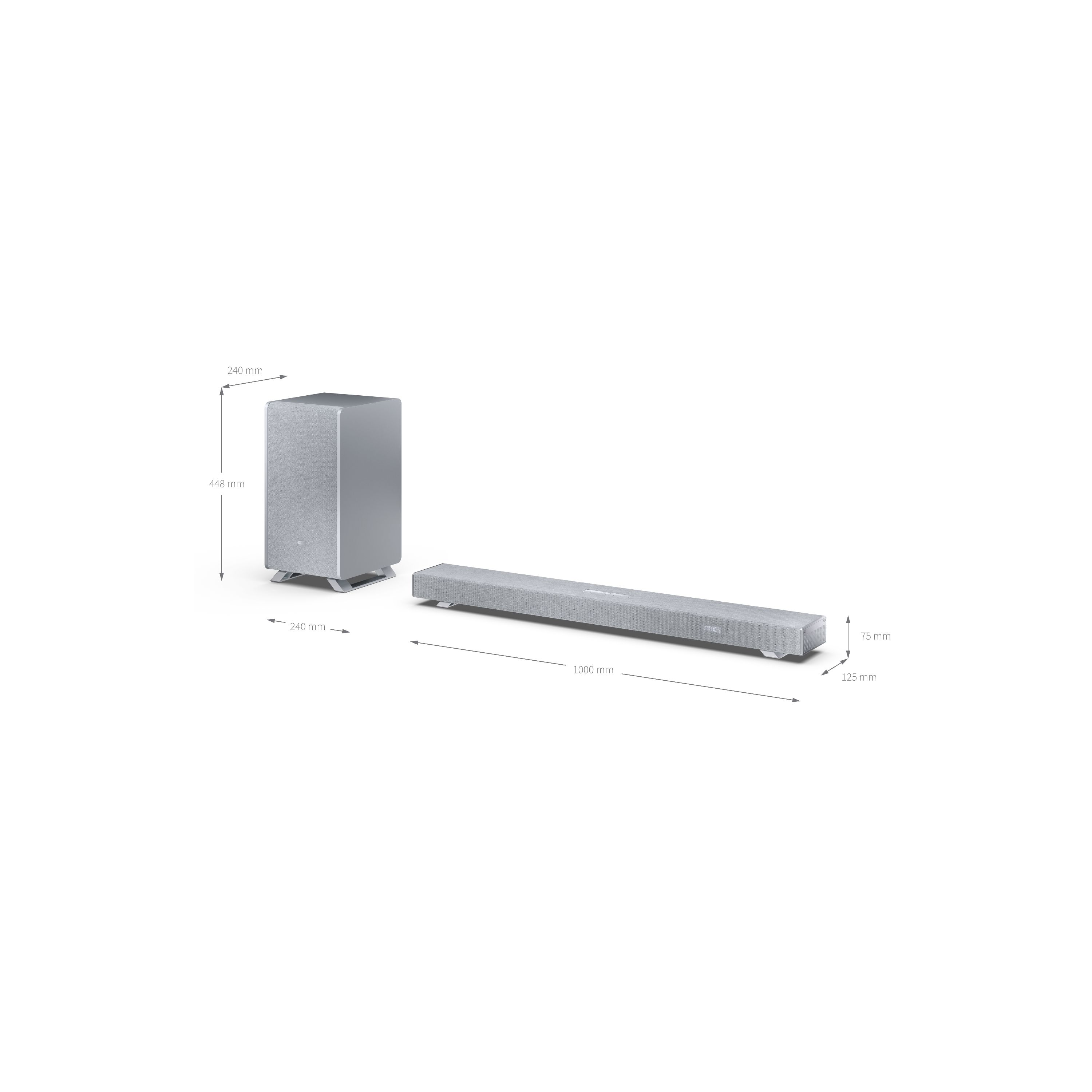 Silberner Subwoofer und Soundbar mit Maßangaben auf weißem Hintergrund.