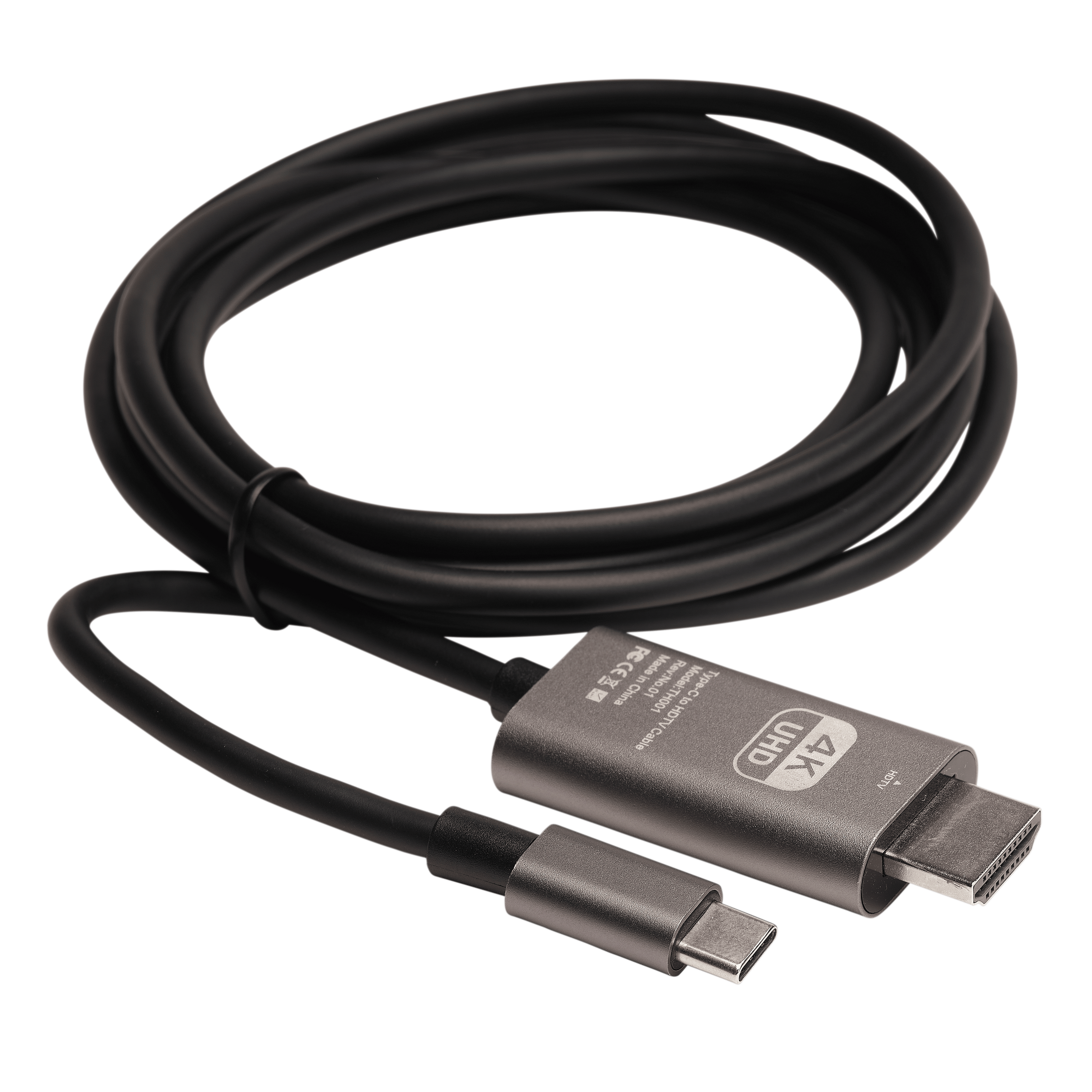 Een zwarte USB-C naar HDMI-kabel met 4K UHD-ondersteuning.