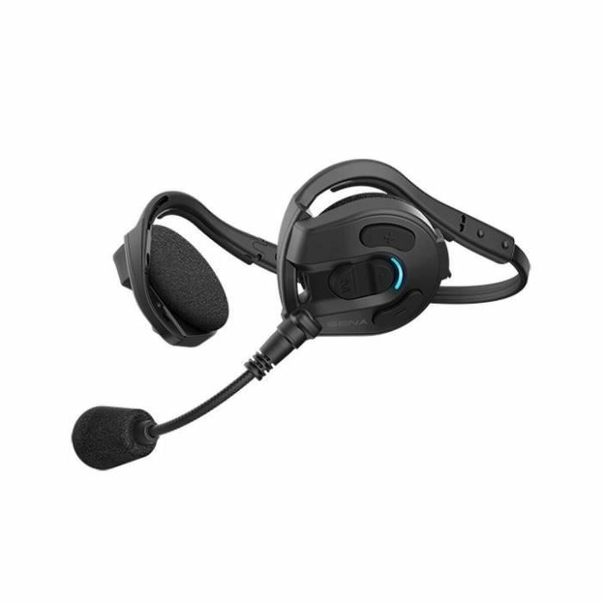 Un auricolare nero con microfono, isolato su sfondo bianco.