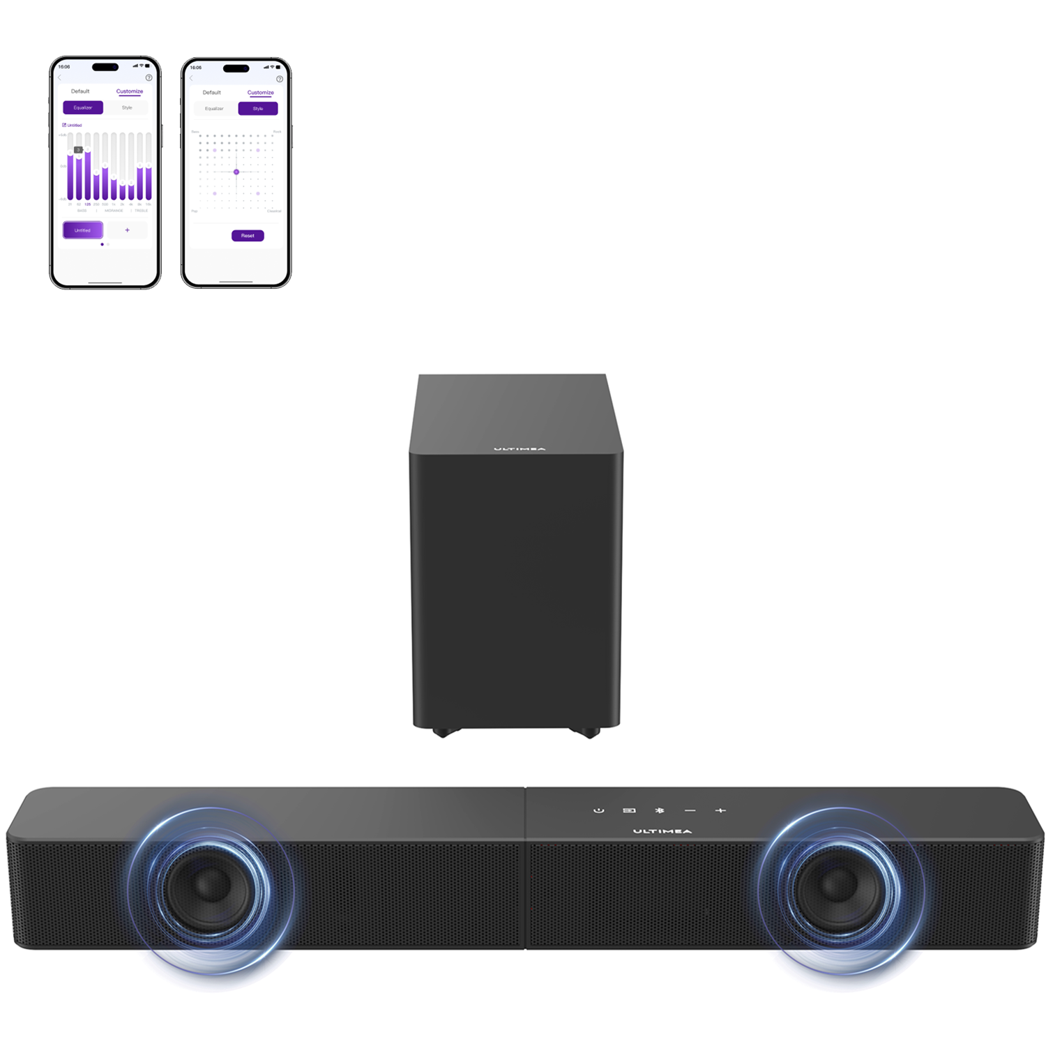 Barra de sonido y subwoofer negros con dos pantallas de smartphone que muestran ajustes de ecualizador.
