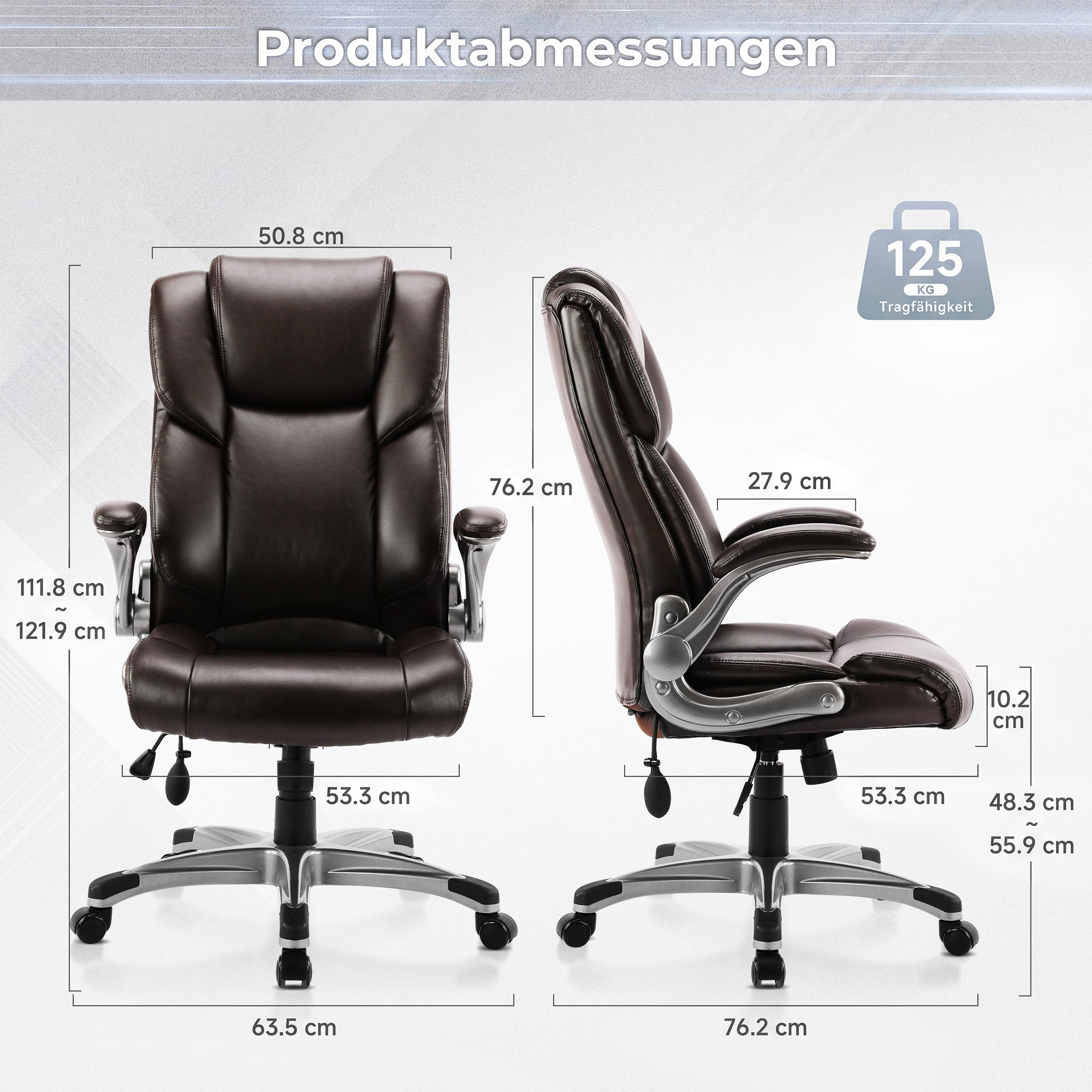 Brauner Bürostuhl mit Maßen und Gewichtsangabe (125 kg).