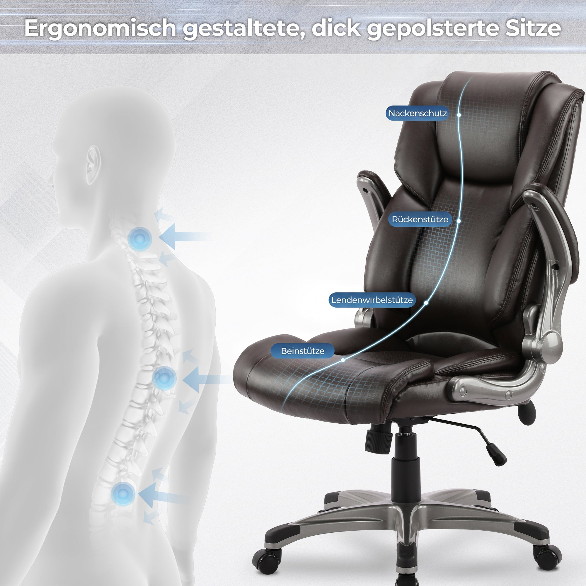Ergonomischer Bürostuhl mit Nacken-, Rücken- und Lendenwirbelstütze.