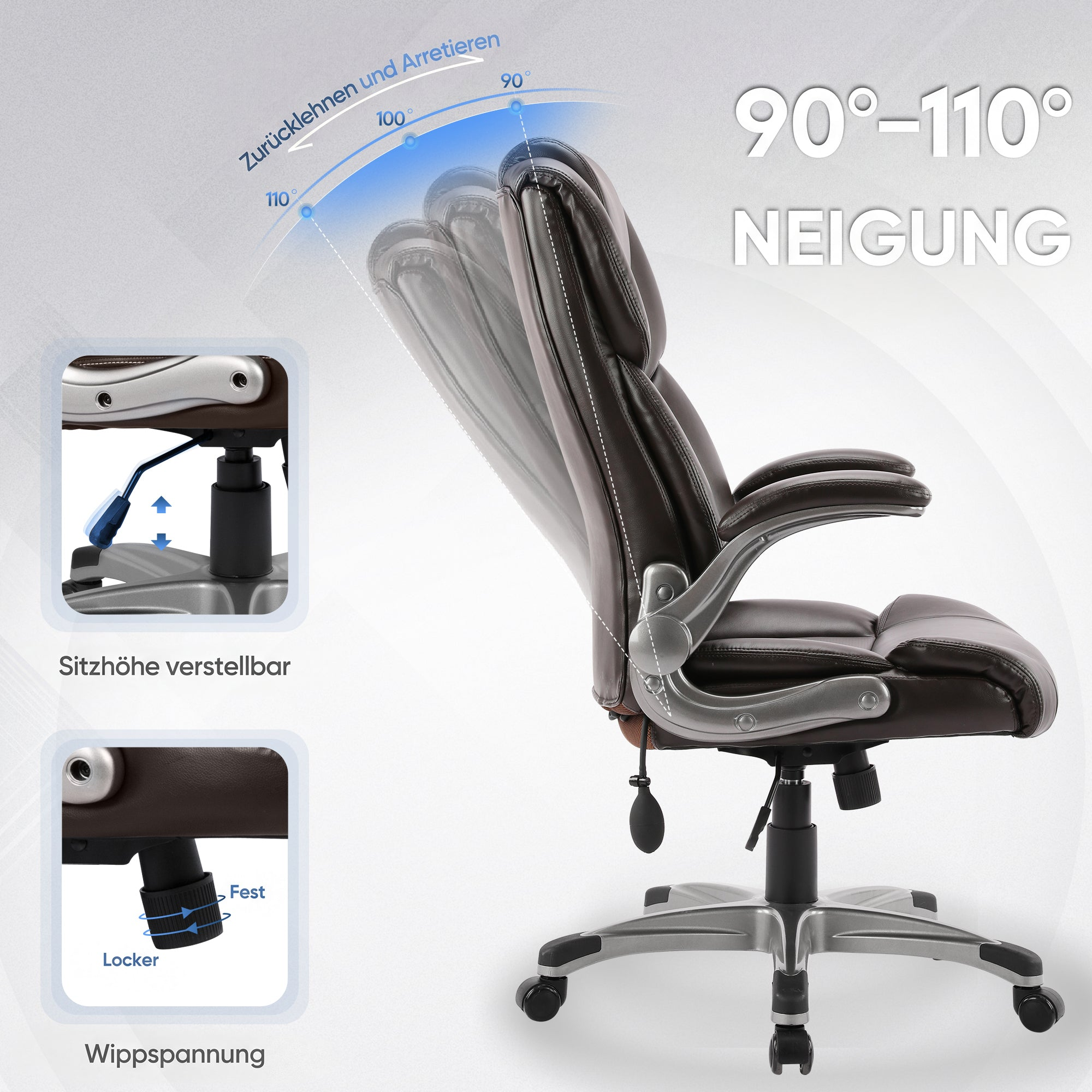 Brauner Bürostuhl mit verstellbarer Sitzhöhe und Neigungsfunktion von 90-110 Grad.