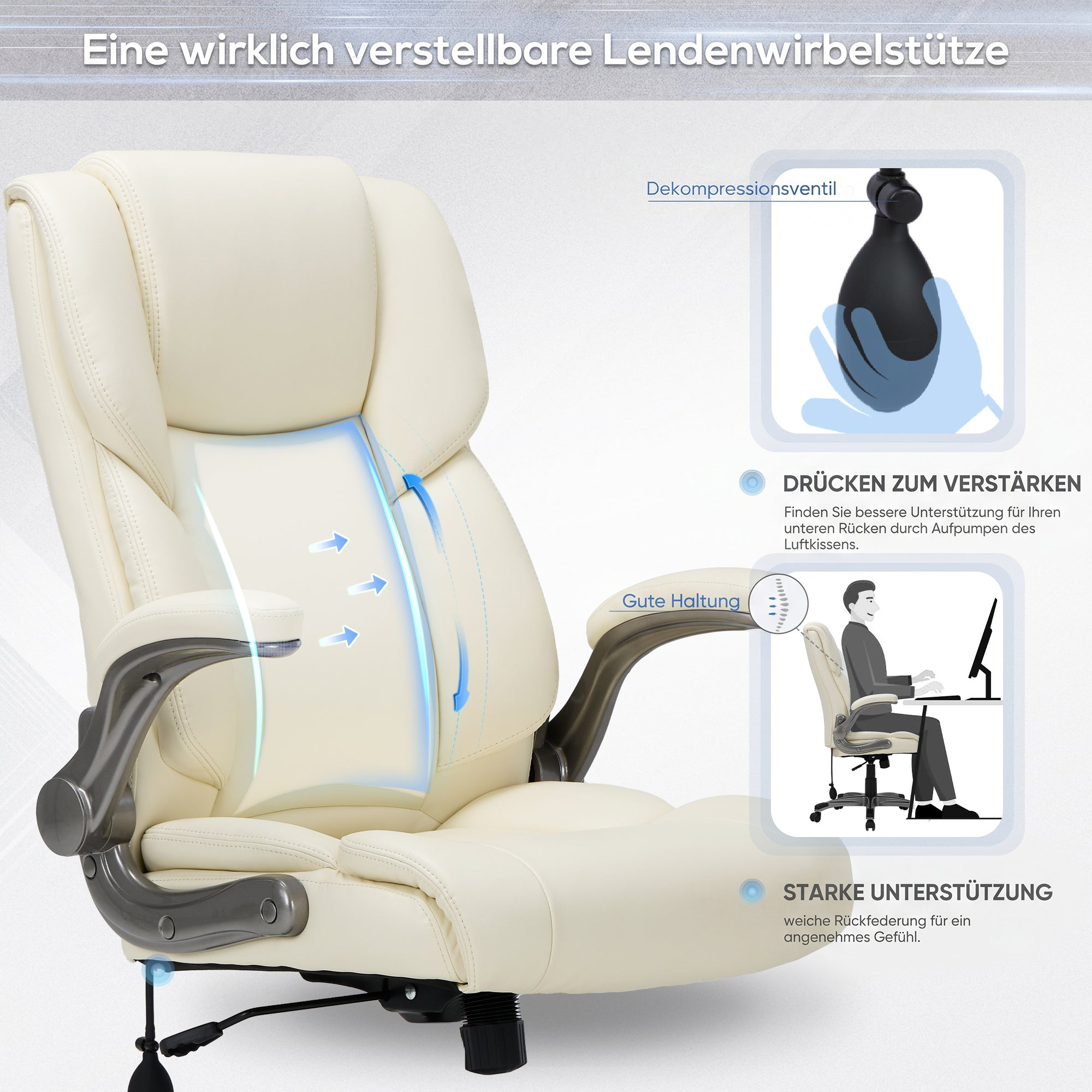 Beige Bürostuhl mit Lendenwirbelstütze und Pumpe zur Verstärkung.