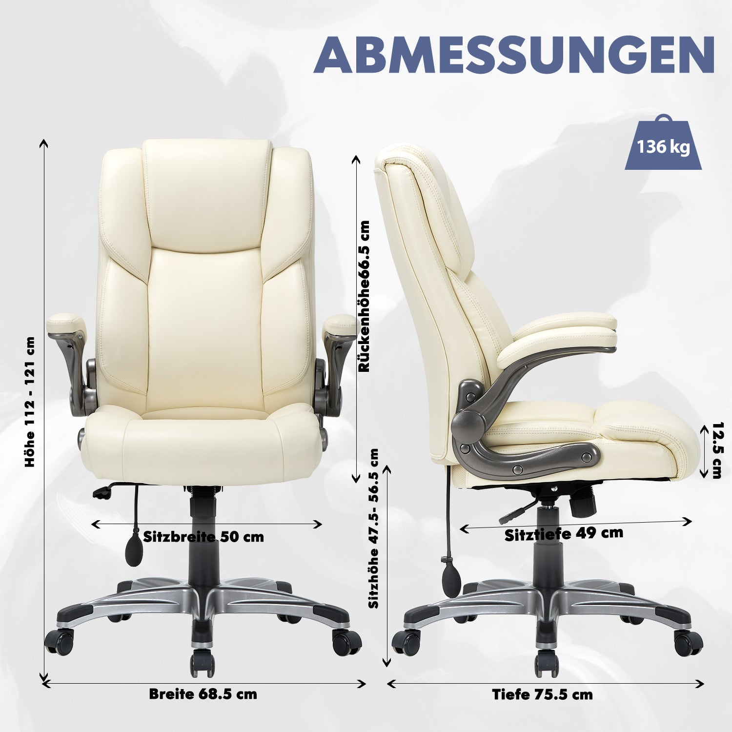 Ein beiger Bürostuhl mit Maßen: Höhe 112-121 cm, Breite 68.5 cm.