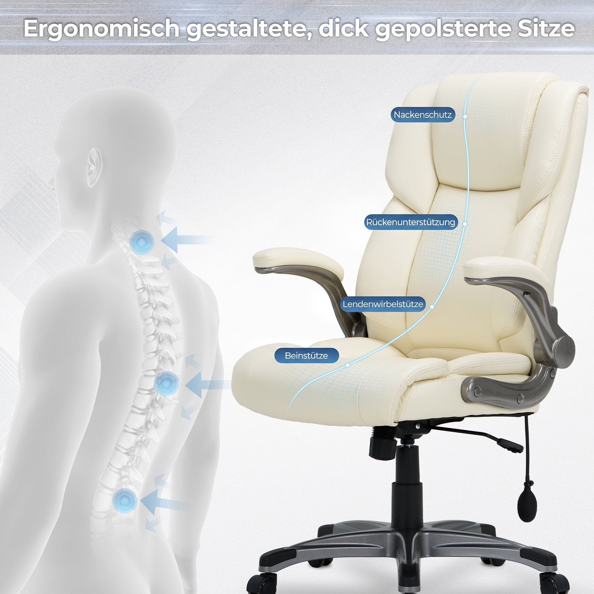 Ergonomischer Bürostuhl mit Nacken-, Rücken- und Lendenwirbelstütze.