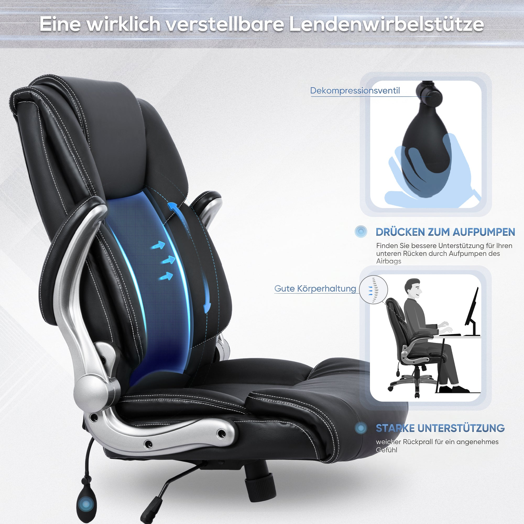 Schwarzer Bürostuhl mit verstellbarer Lendenwirbelstütze und Aufpumpelement.