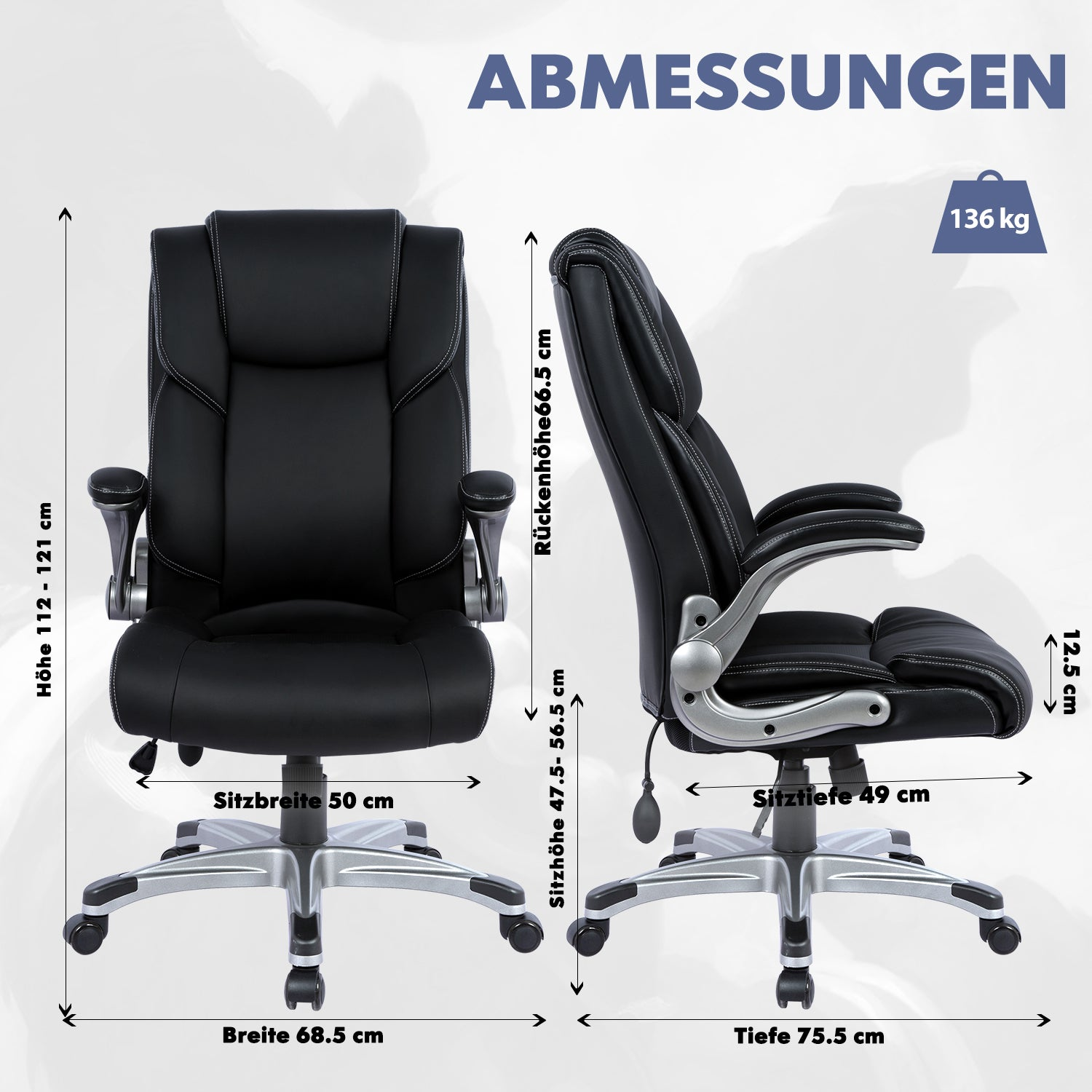 Schwarzer Bürostuhl mit Maßen: 112-121cm Höhe, 68.5cm Breite, 75.5cm Tiefe. Max 136kg.
