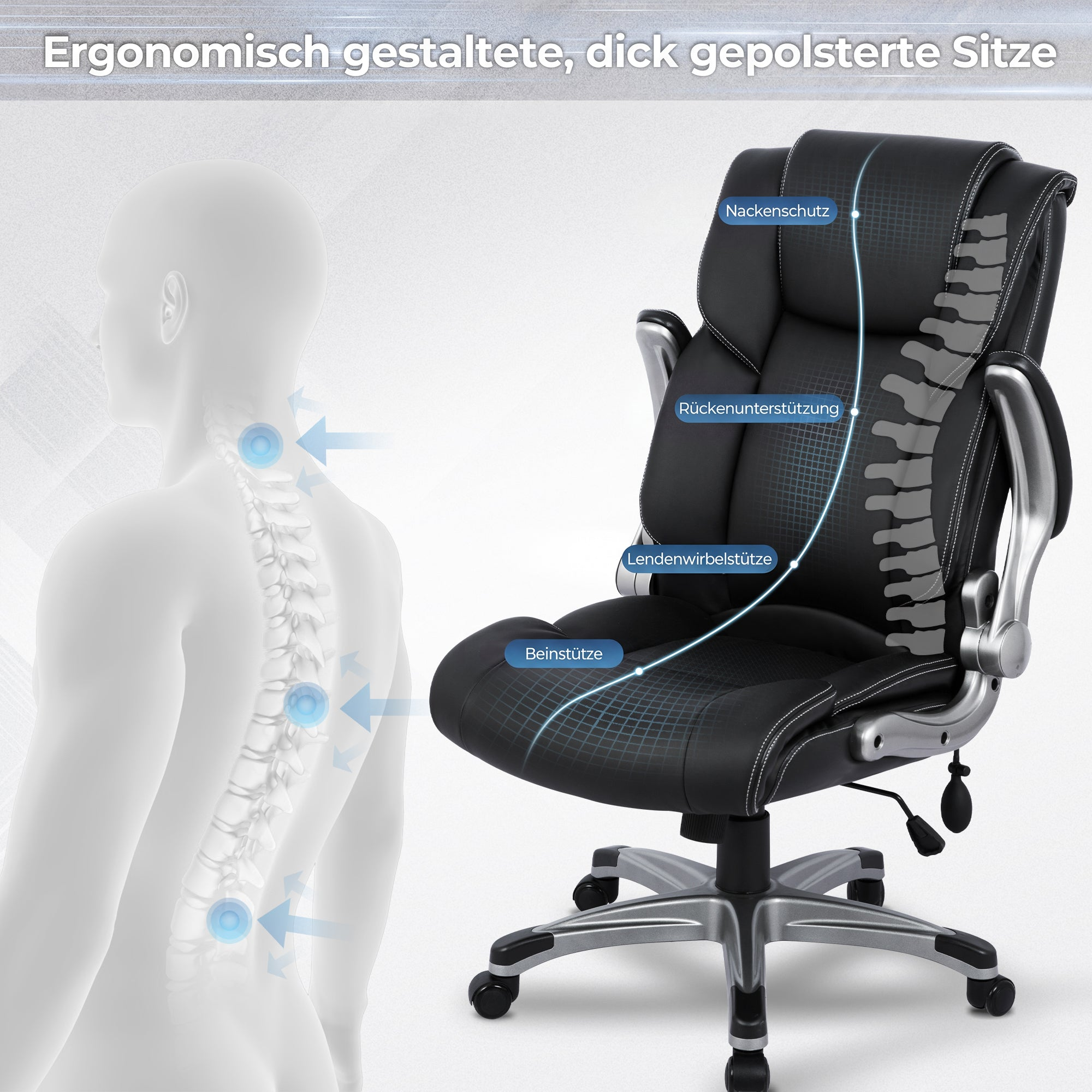 Ergonomischer Bürostuhl mit Lendenwirbelstütze und Nackenschutz.