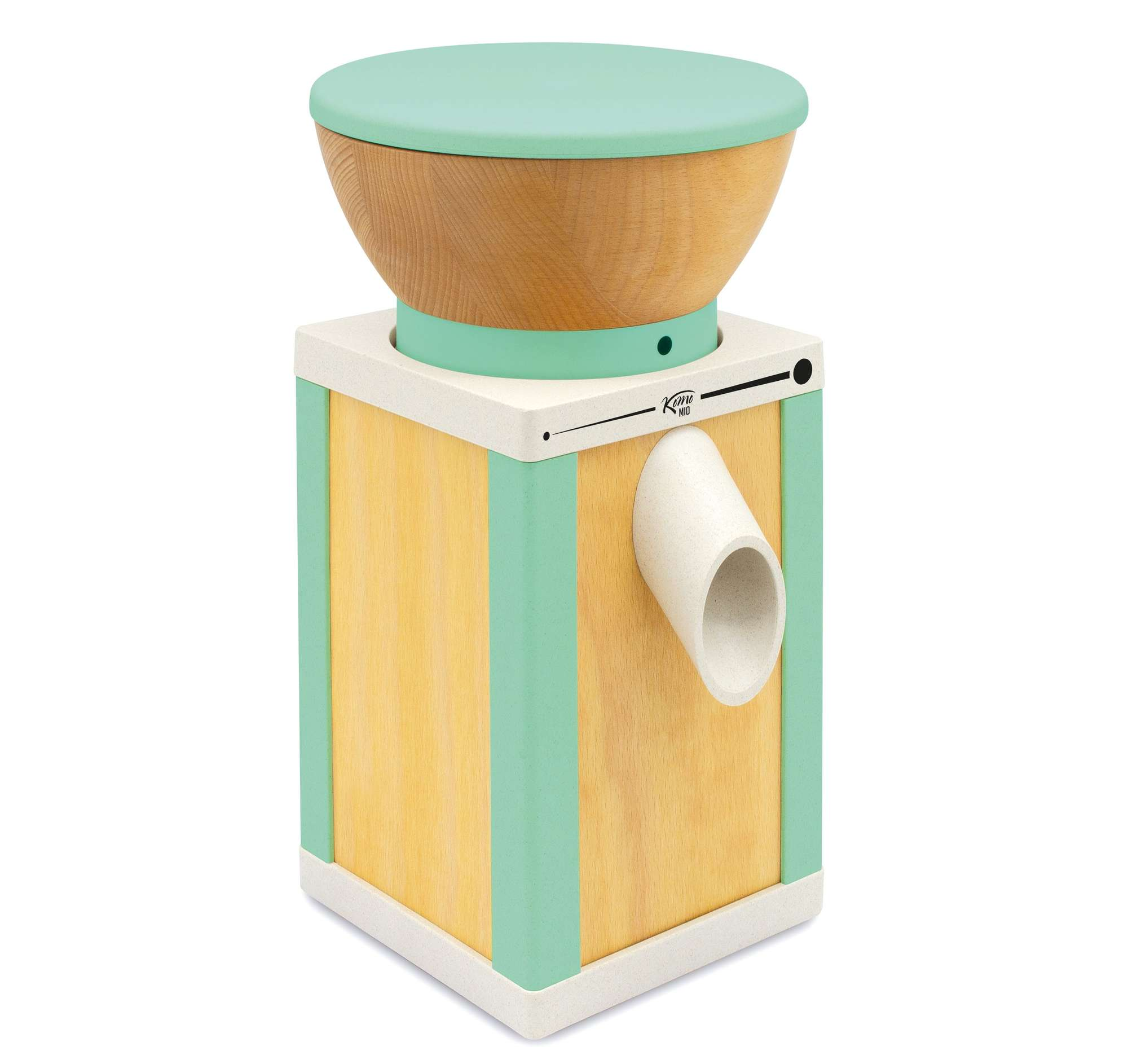 Ein Holzmühlenmodell mit Holz-, Mint- und Cremefarben, mit einem Auswurfschacht.