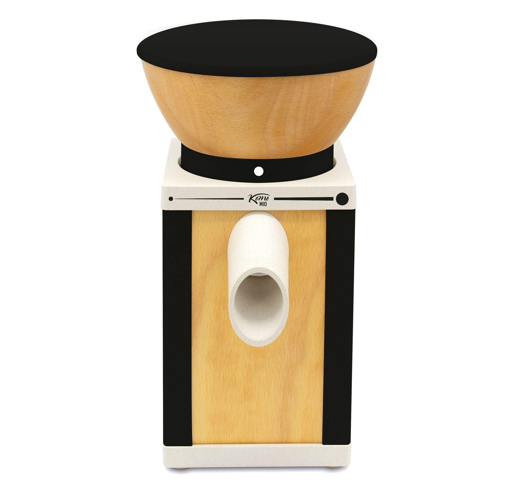 Ein Holzspielzeug-Kaffeemühle mit schwarzer Kappe und weißem Auswurf.