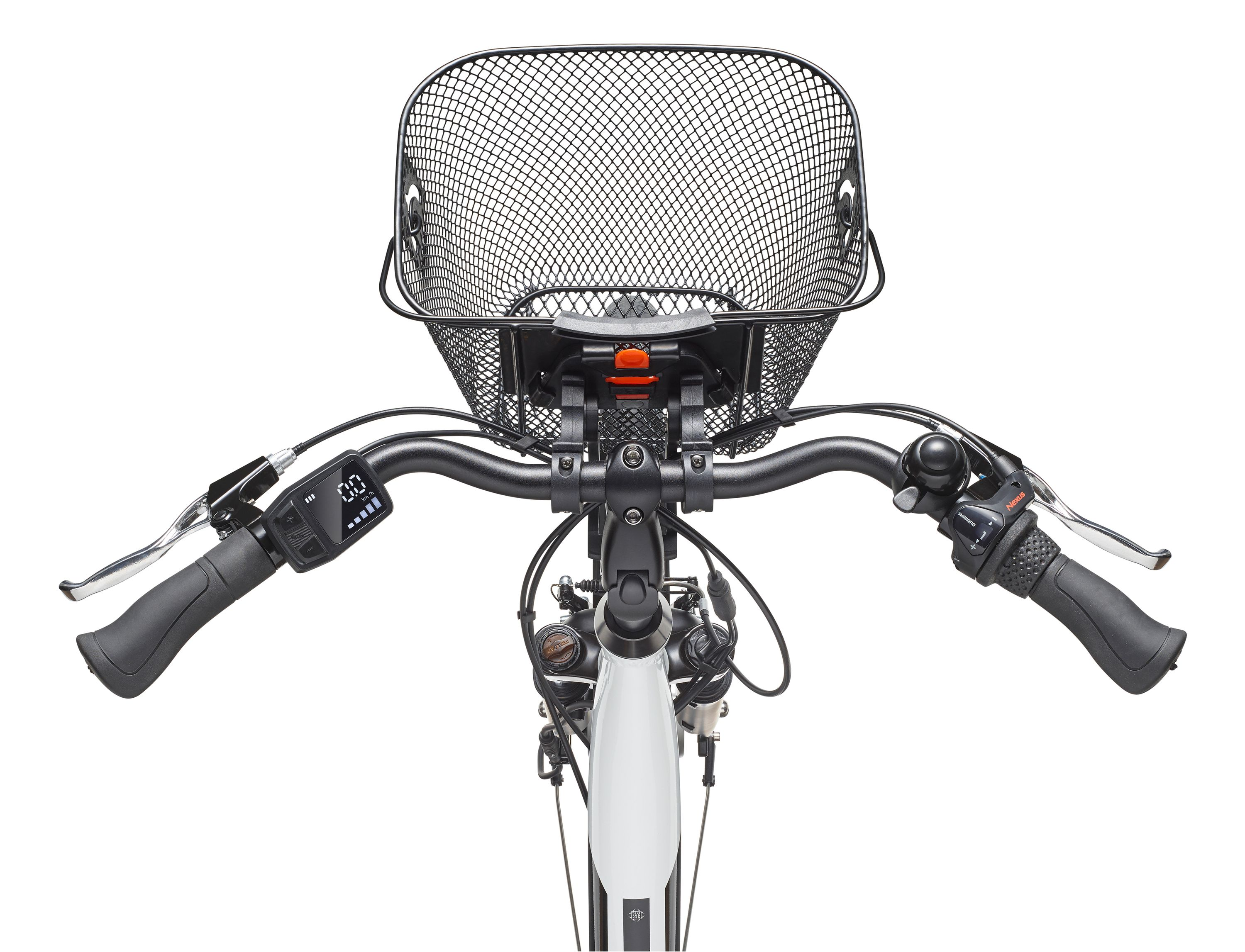 Vorderansicht eines Fahrradlenkers mit Korb, Display und Griffen.